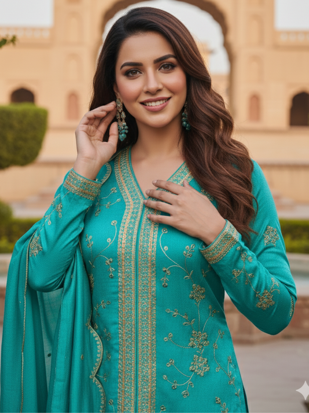 C-Green Embroidered Peplum Top with Sharara Set