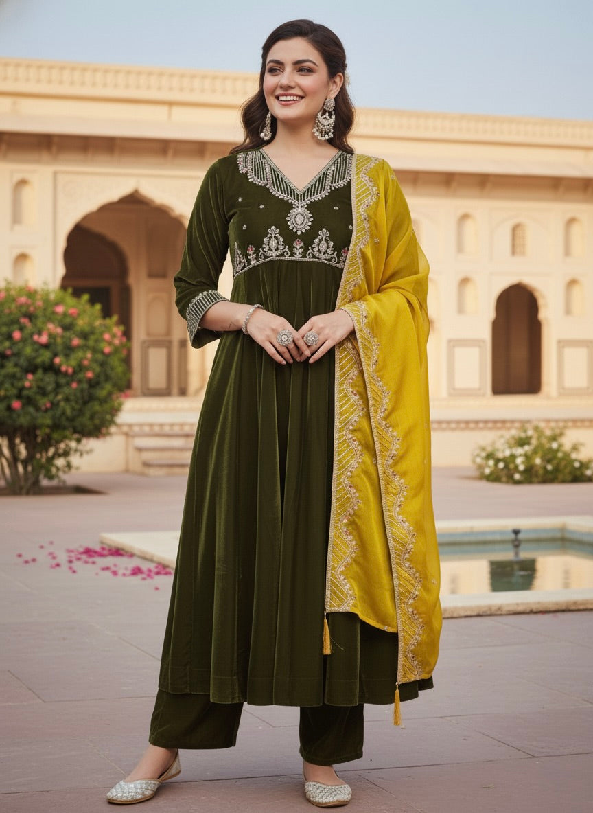 Olive Green Solid Velvet Anarkali Suit With Dupatta