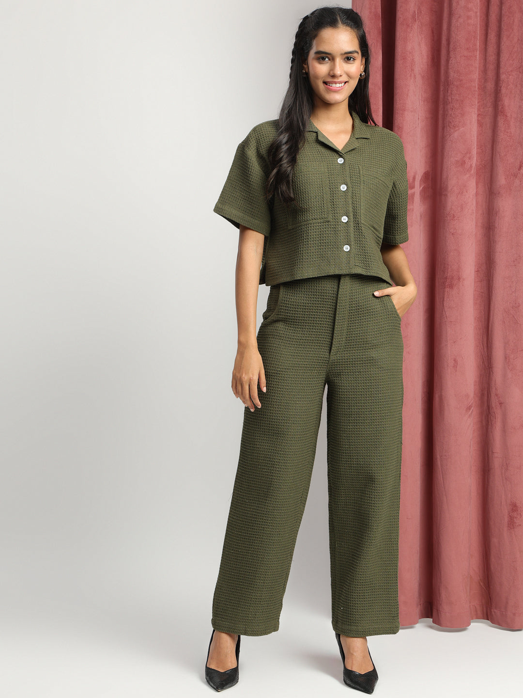 Olive Green Cotton Plain Solid Co-ords