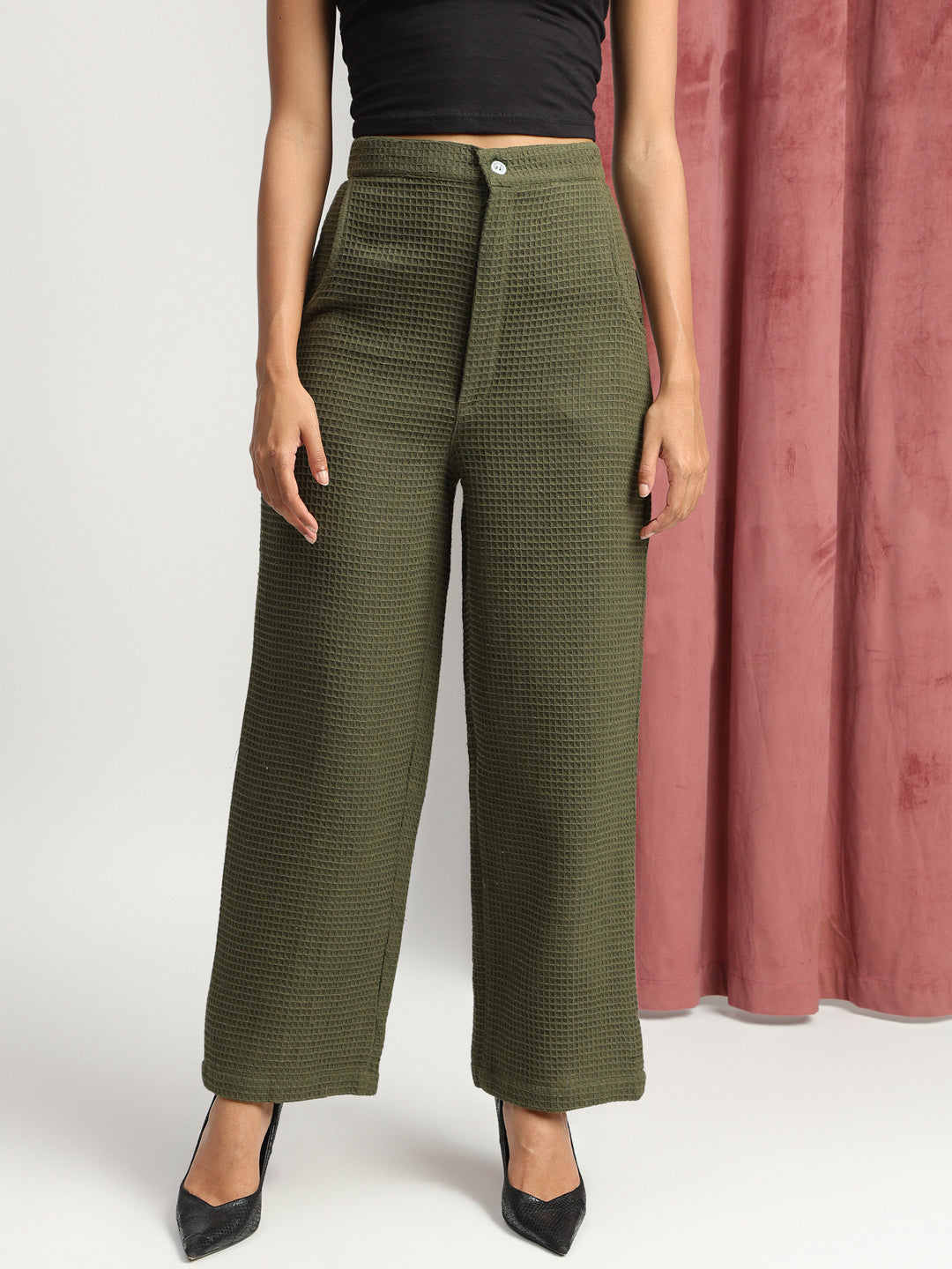 Olive Green Cotton Plain Solid Co-ords