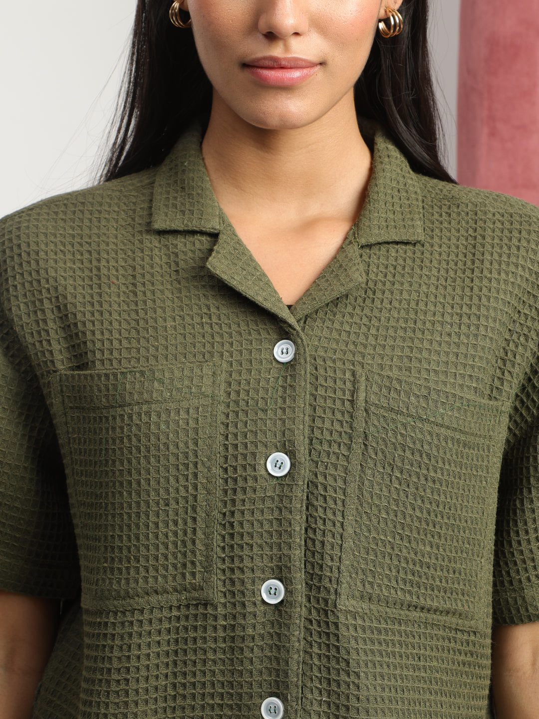 Olive Green Cotton Plain Solid Co-ords