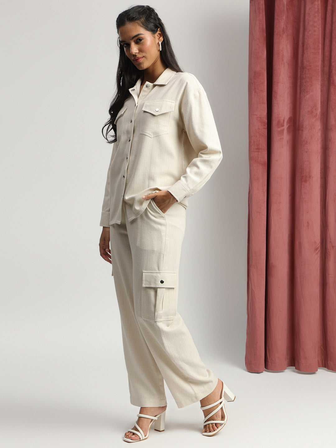 Off White Cotton Plain Co-Ord Set