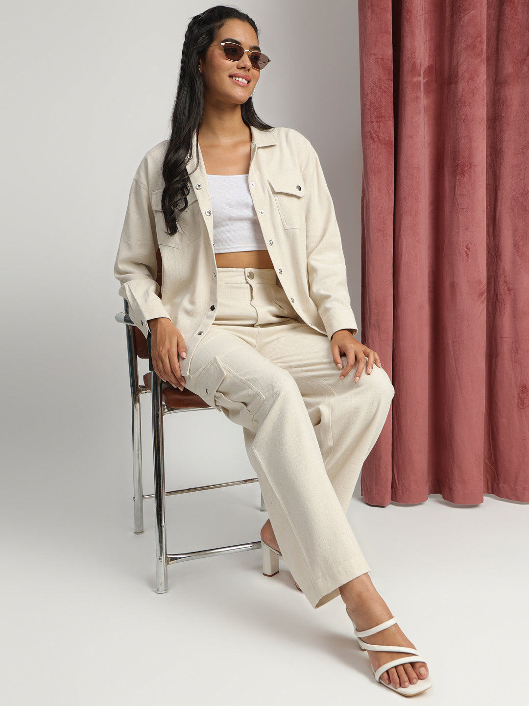 Off White Cotton Plain Co-Ord Set