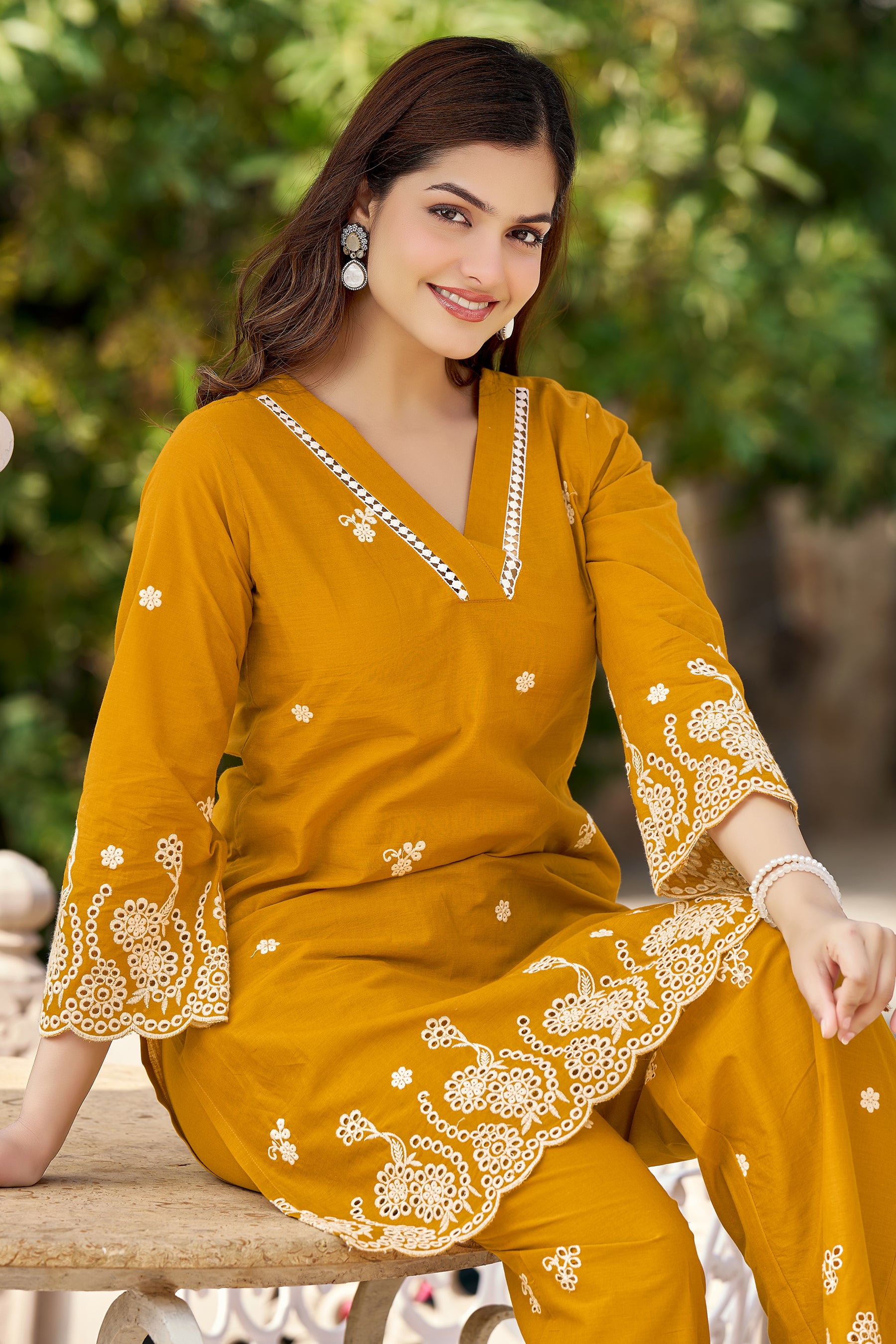 Mustard Cotton Embroidered Co-ord Set