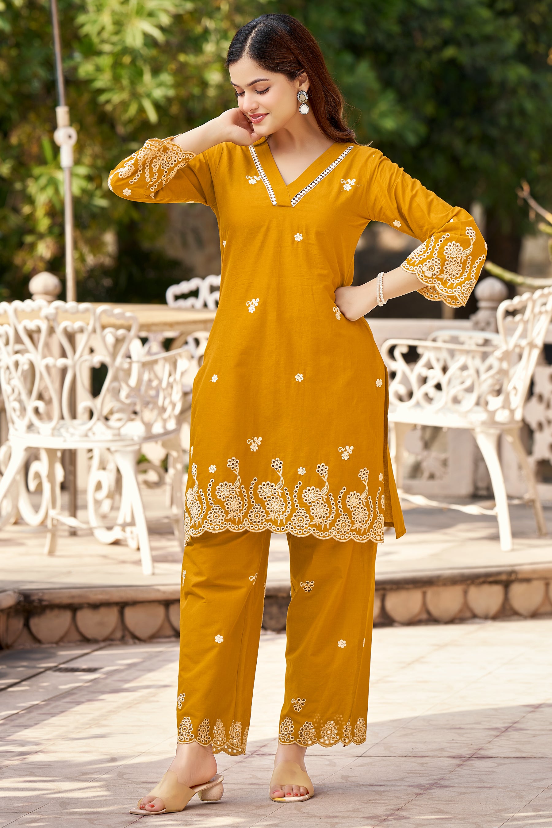 Mustard Cotton Embroidered Co-ord Set