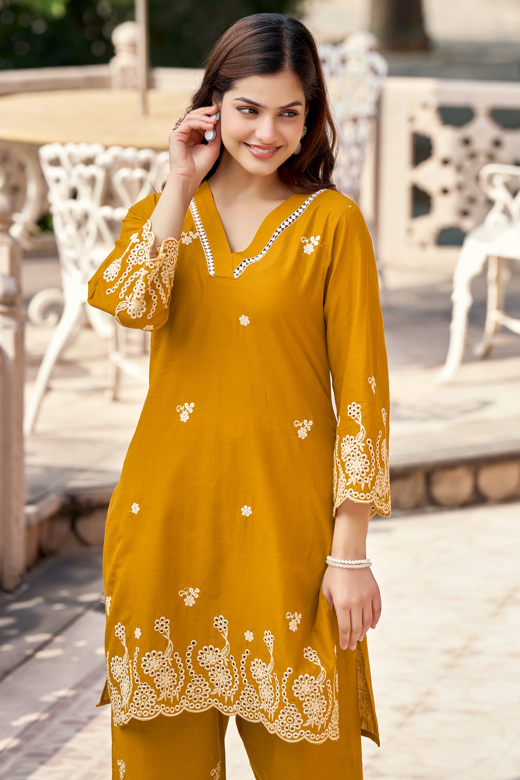 Mustard Cotton Embroidered Co-ord Set