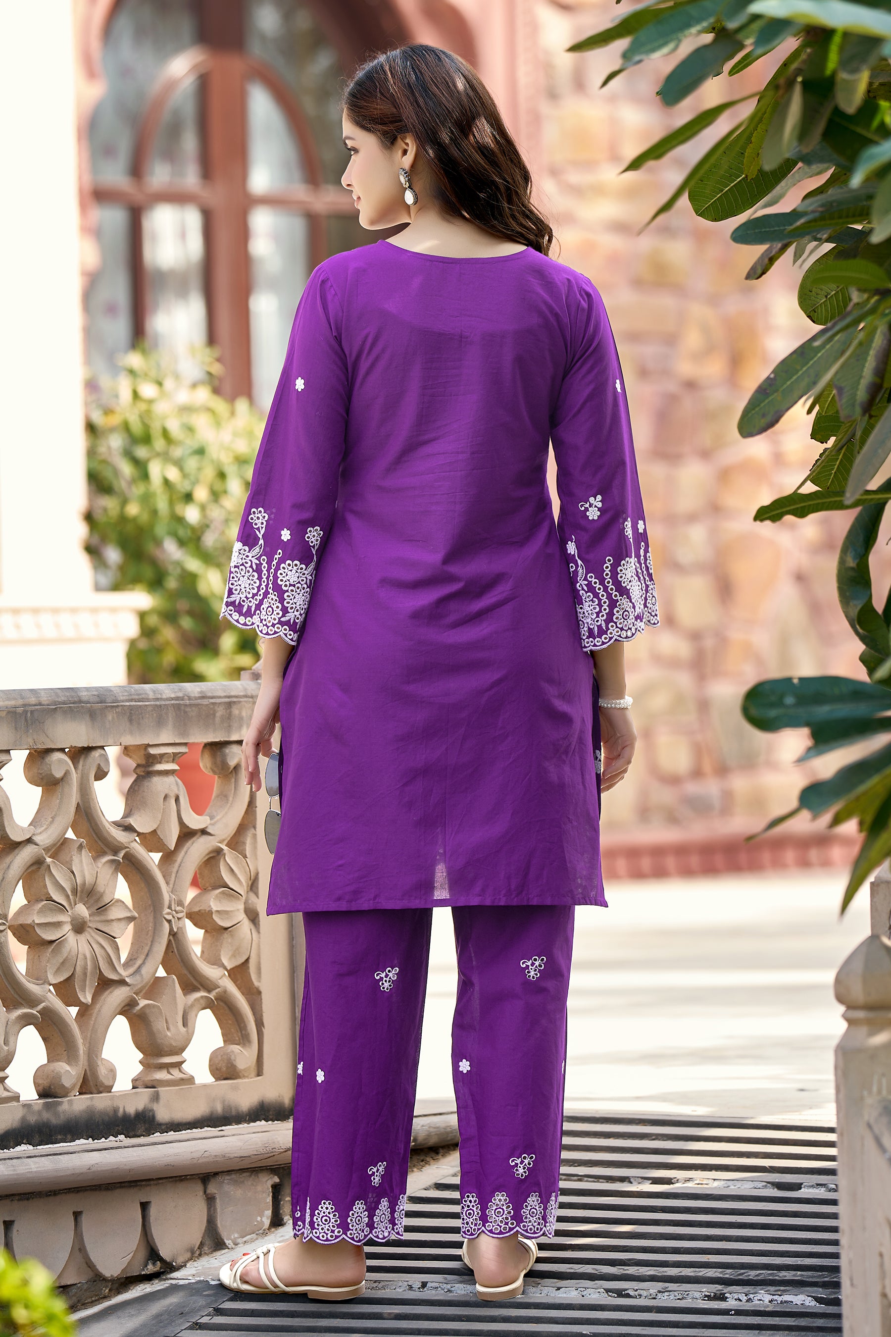 Violet Cotton Embroidered Co-ord Set