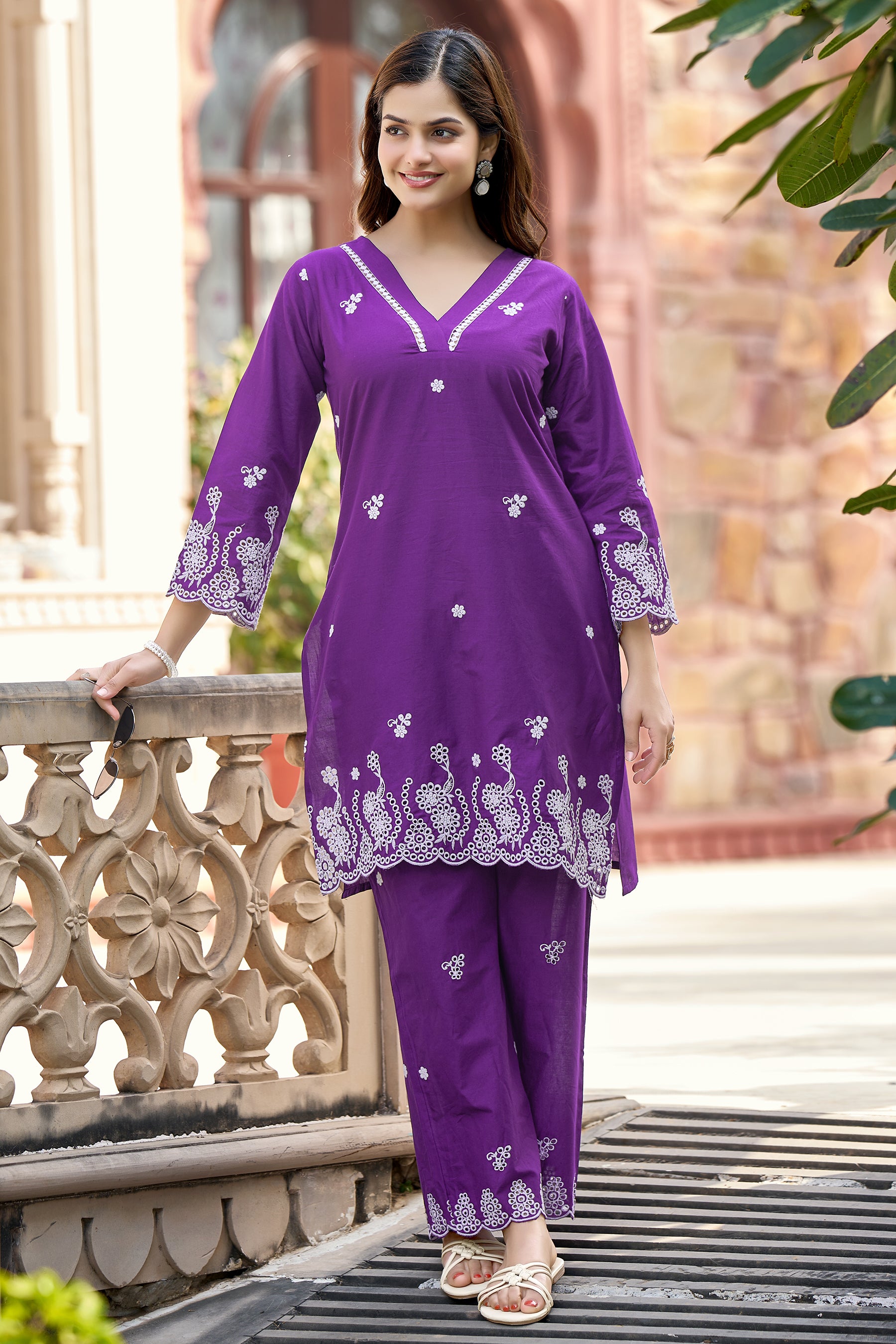 Violet Cotton Embroidered Co-ord Set