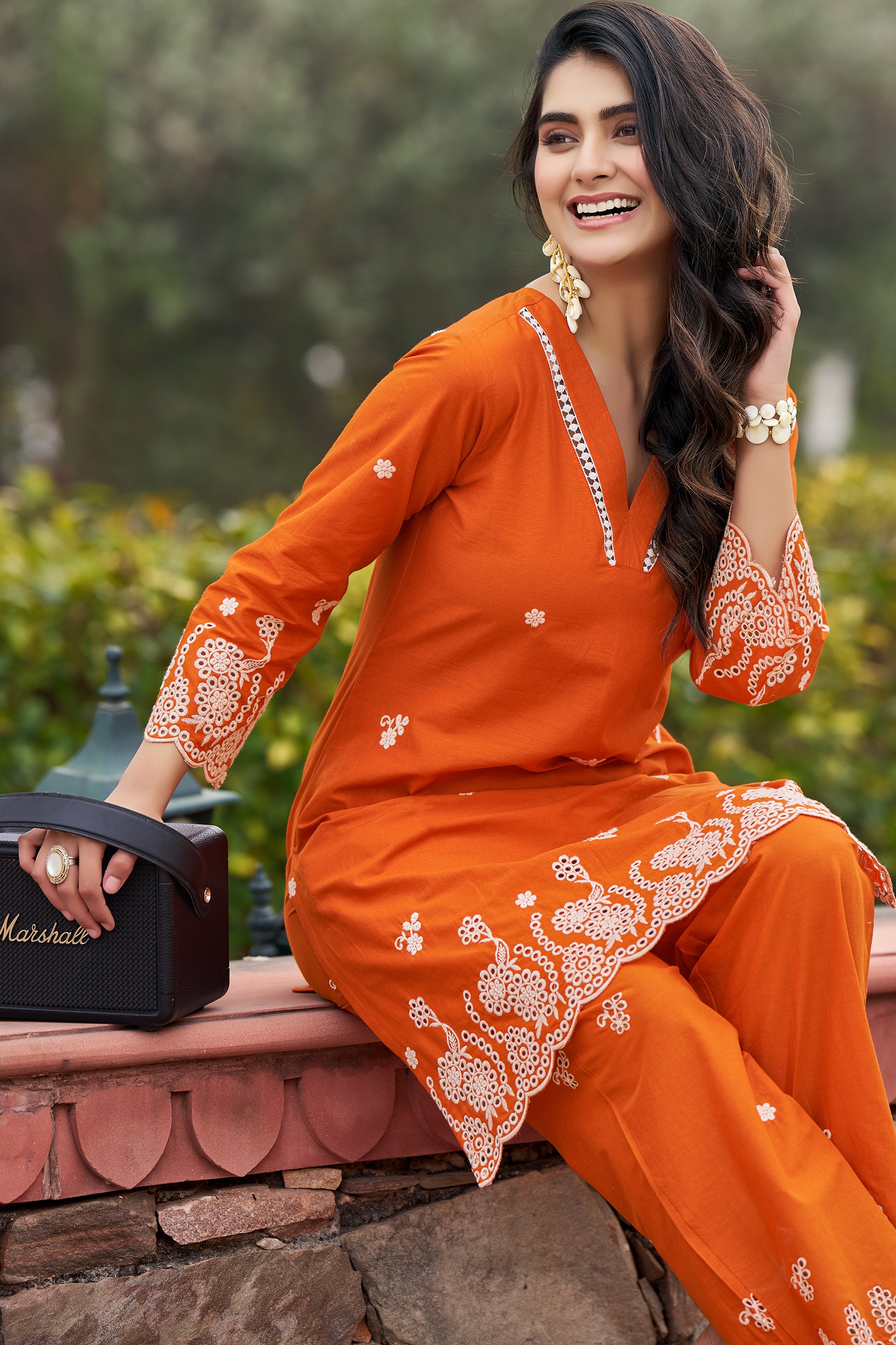 Orange Cotton Embroidered Co-ord Set