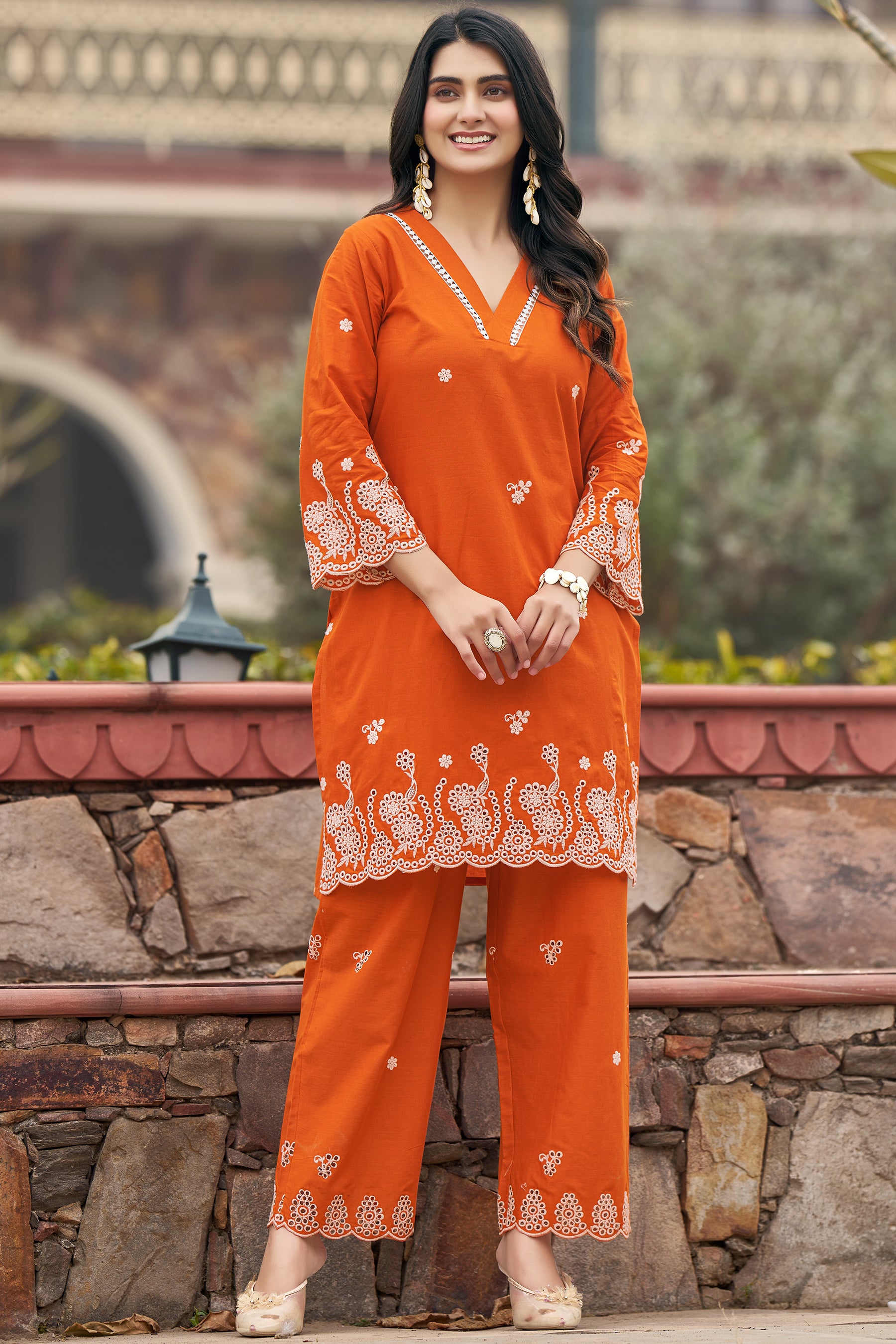 Orange Cotton Embroidered Co-ord Set