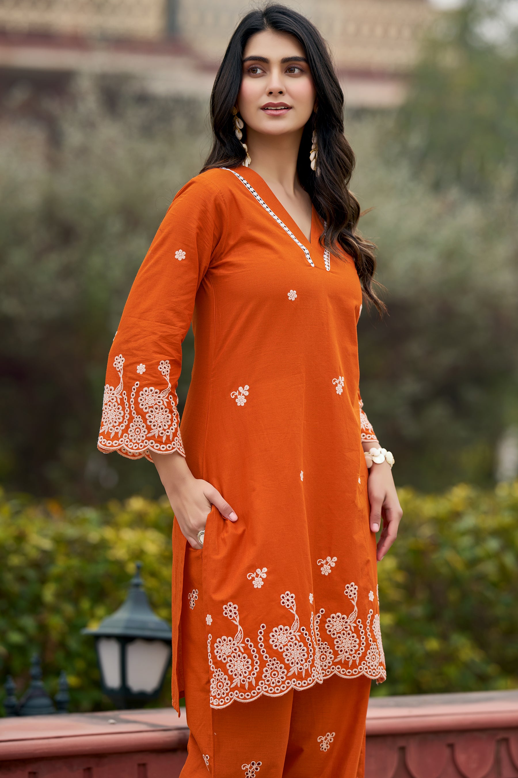 Orange Cotton Embroidered Co-ord Set