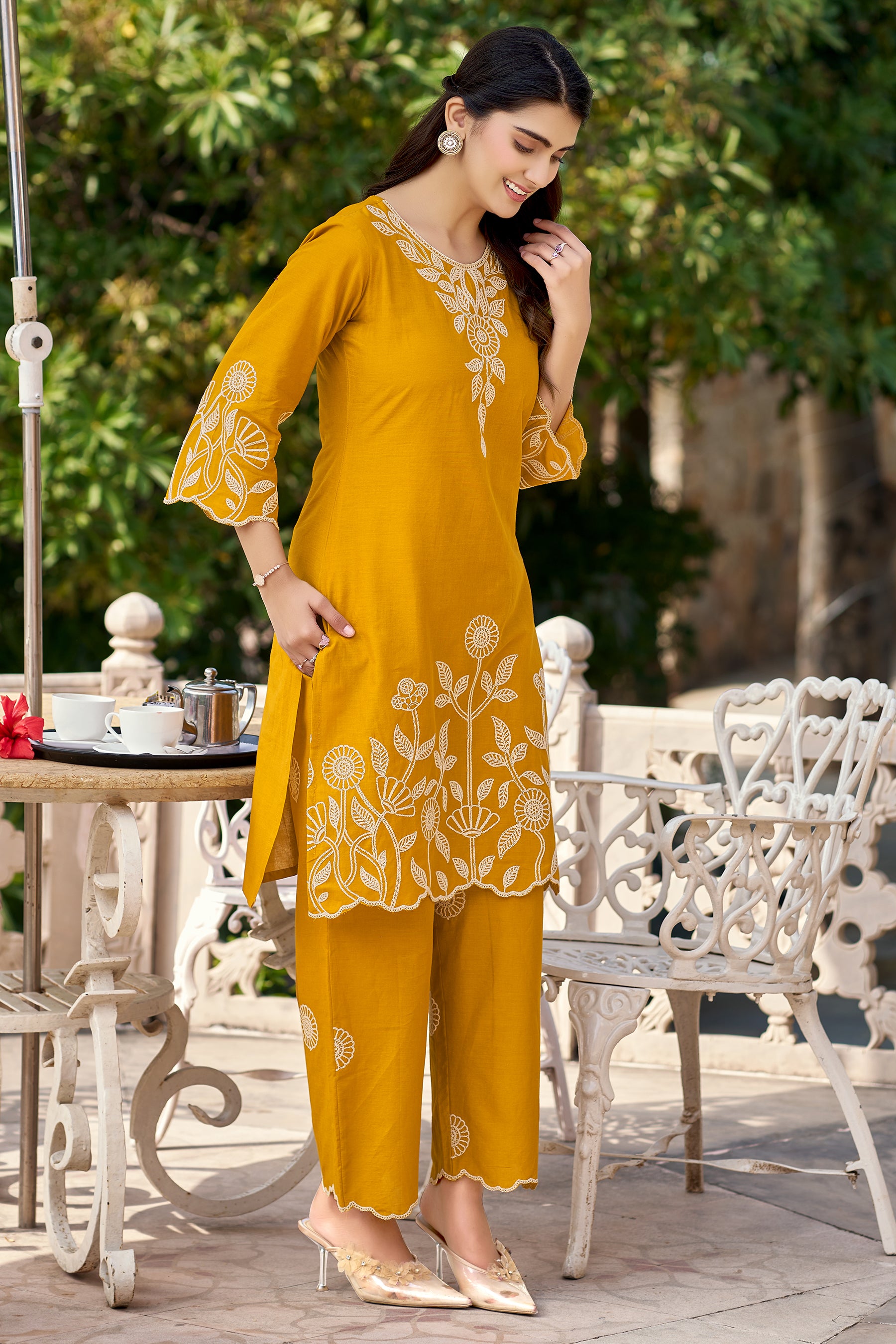Mustard Cotton Embroidered Co-ord Set