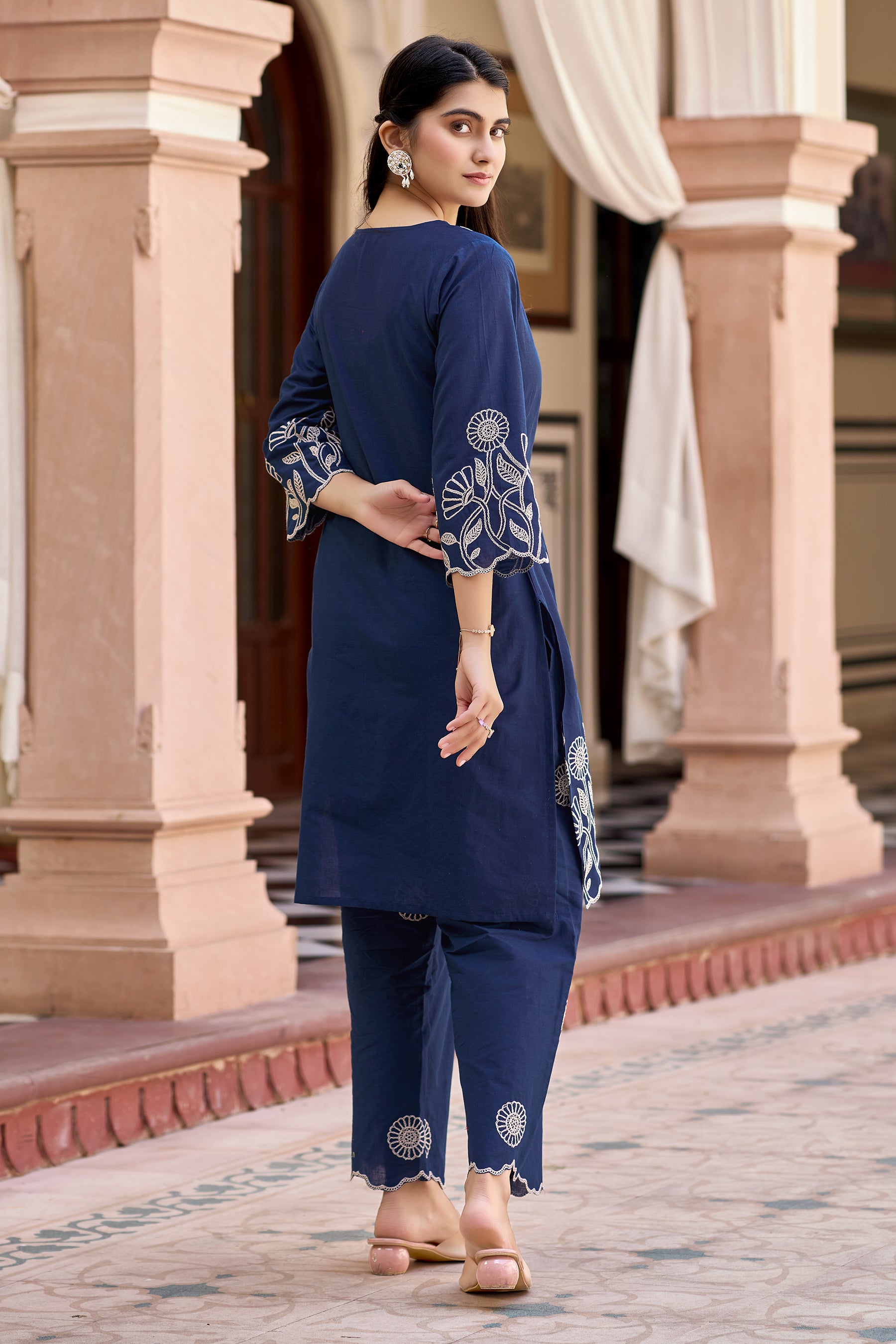 Teal Blue Cotton Embroidered Co-ord Set