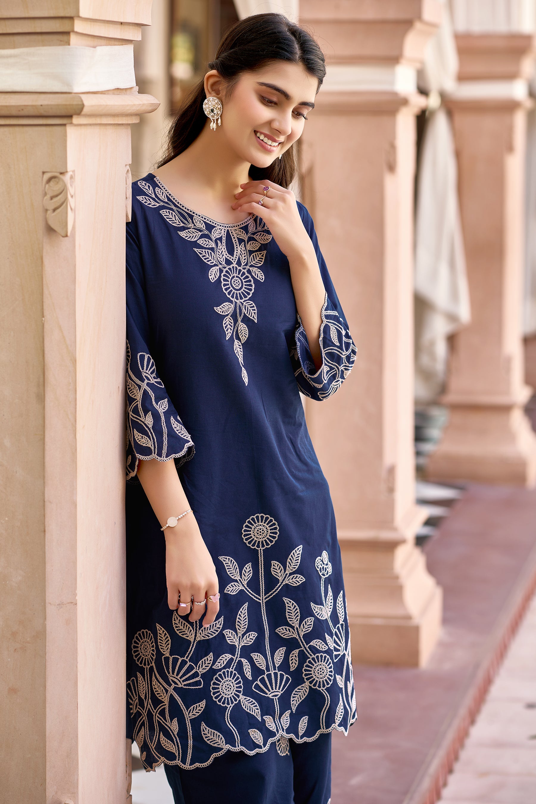 Teal Blue Cotton Embroidered Co-ord Set