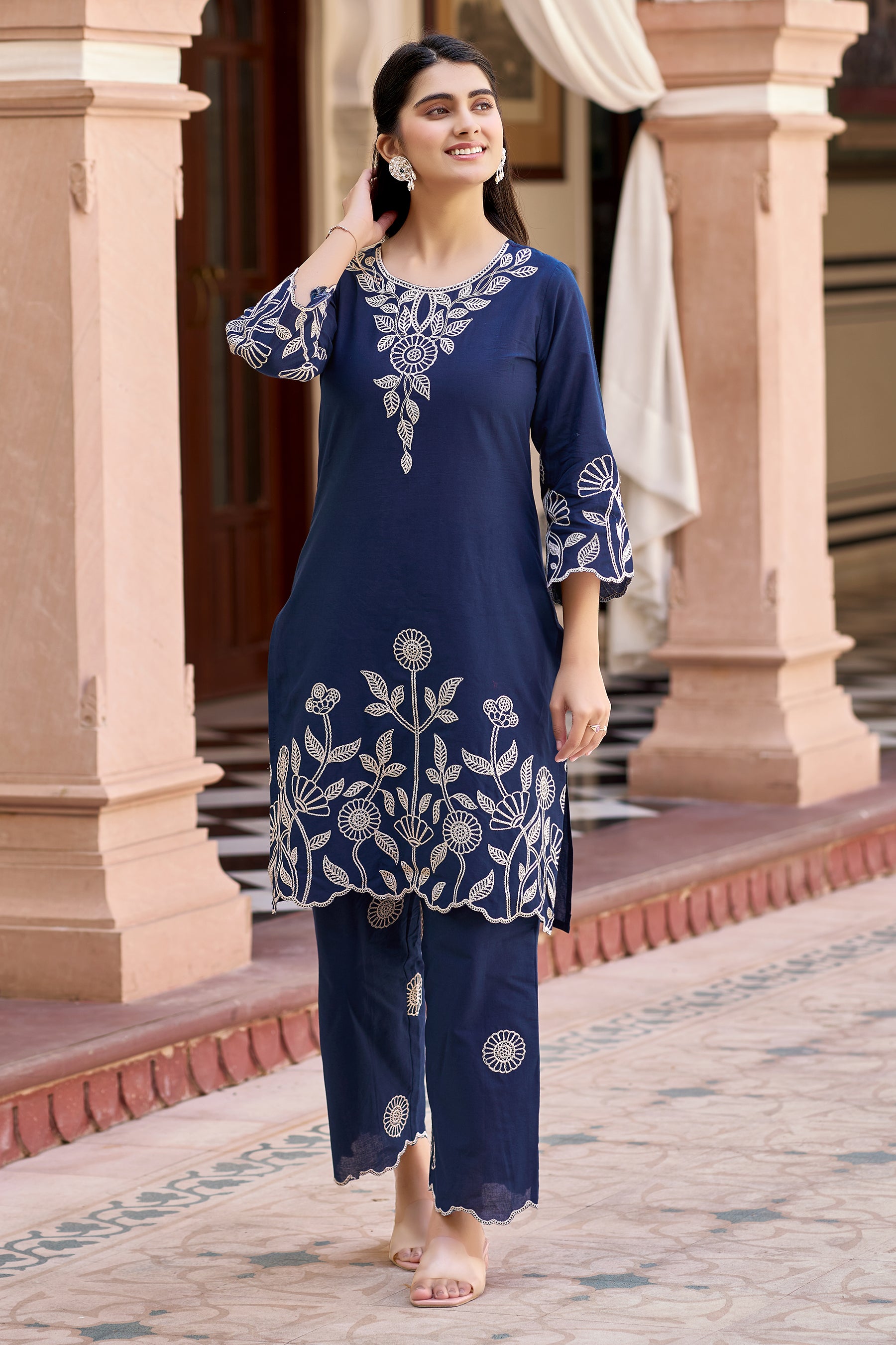 Teal Blue Cotton Embroidered Co-ord Set