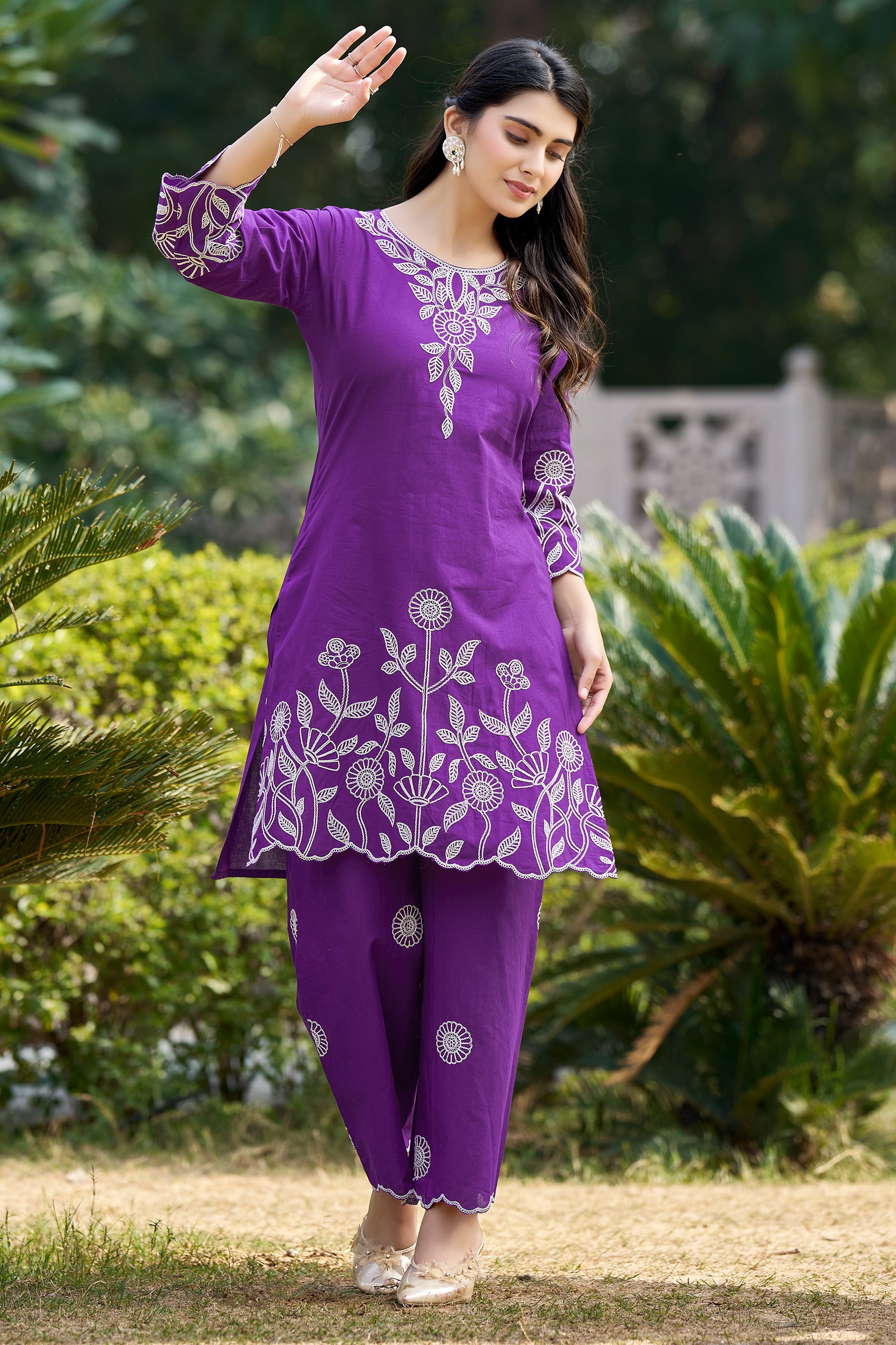 Violet Cotton Embroidered Co-ord Set