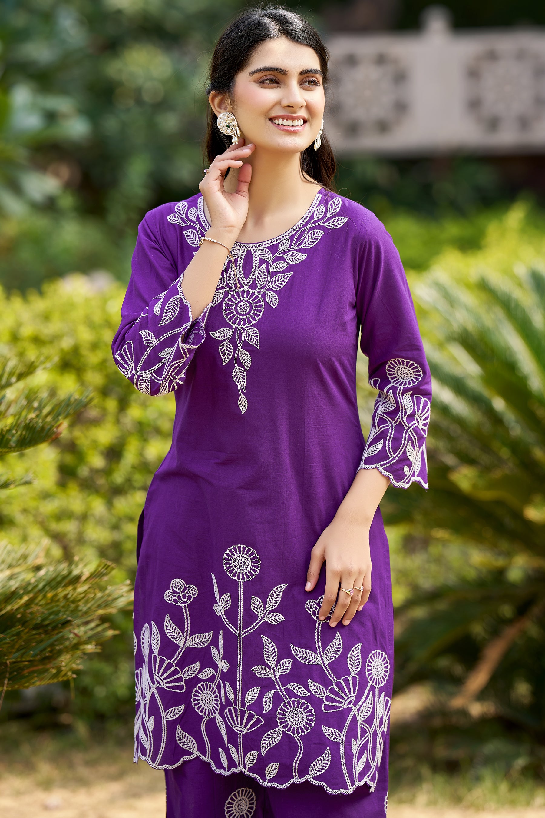 Violet Cotton Embroidered Co-ord Set