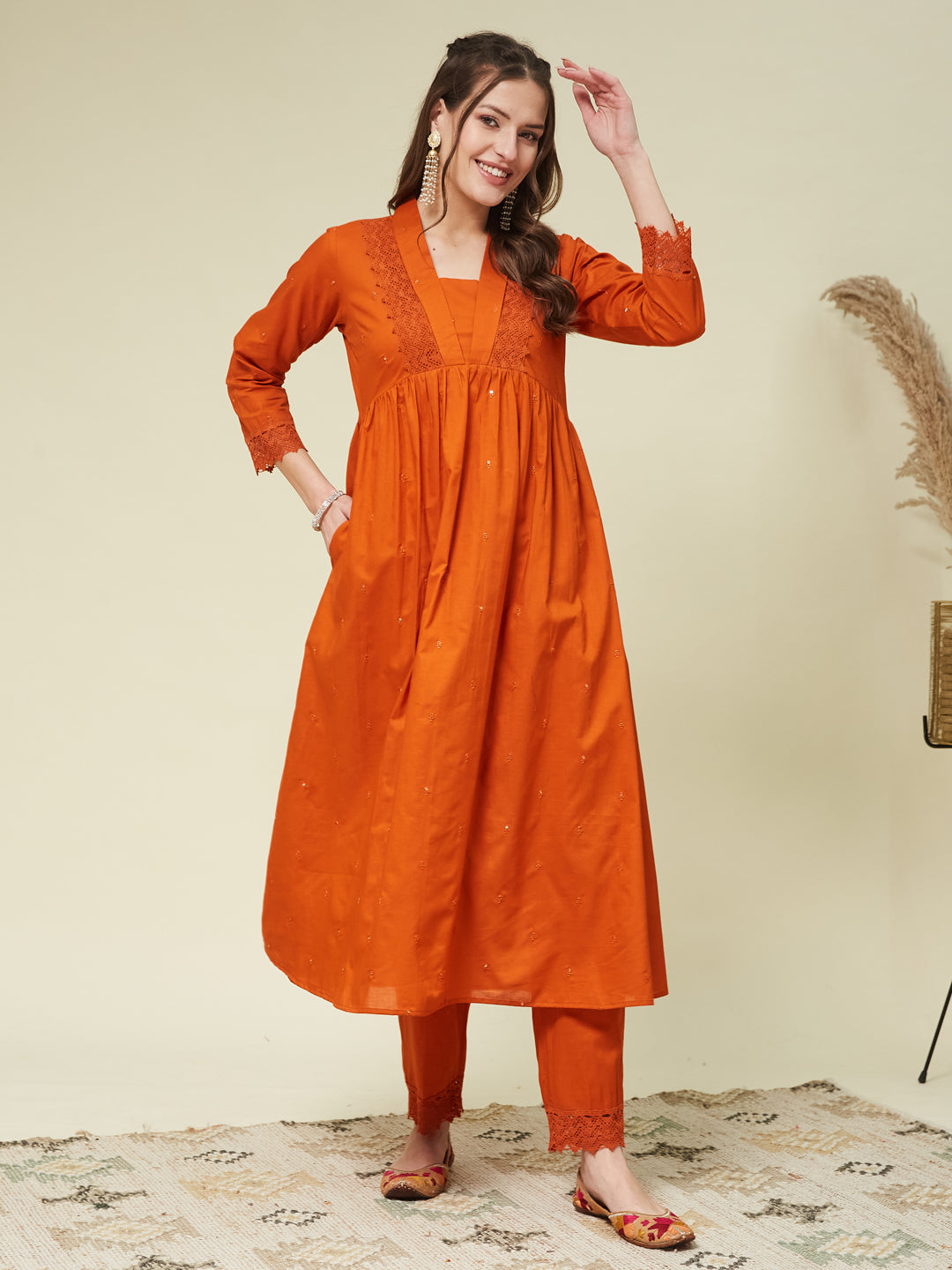 Orange Cotton Embroidered Co-ord set