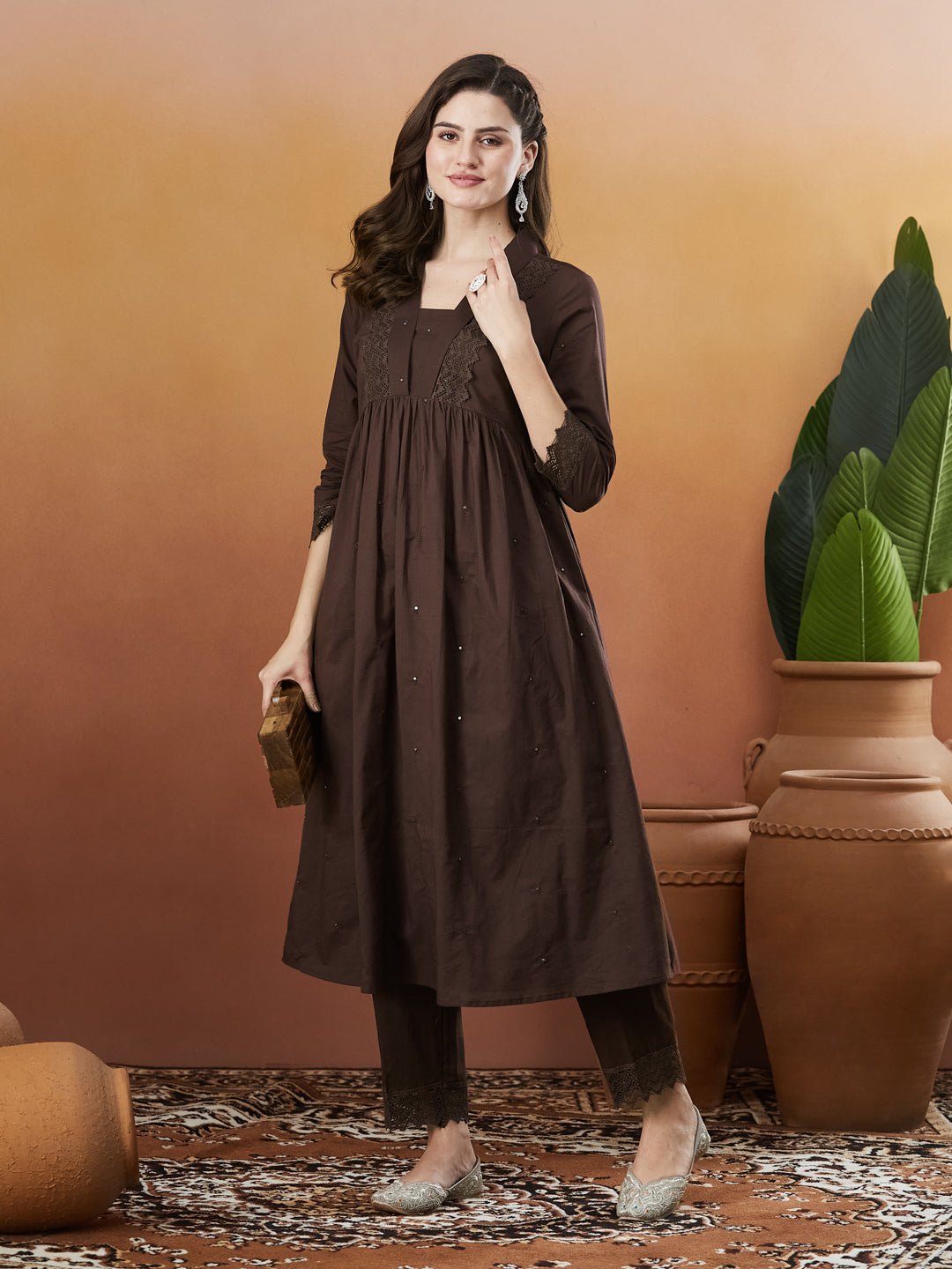 Brown Cotton Embroidered Co-ord set