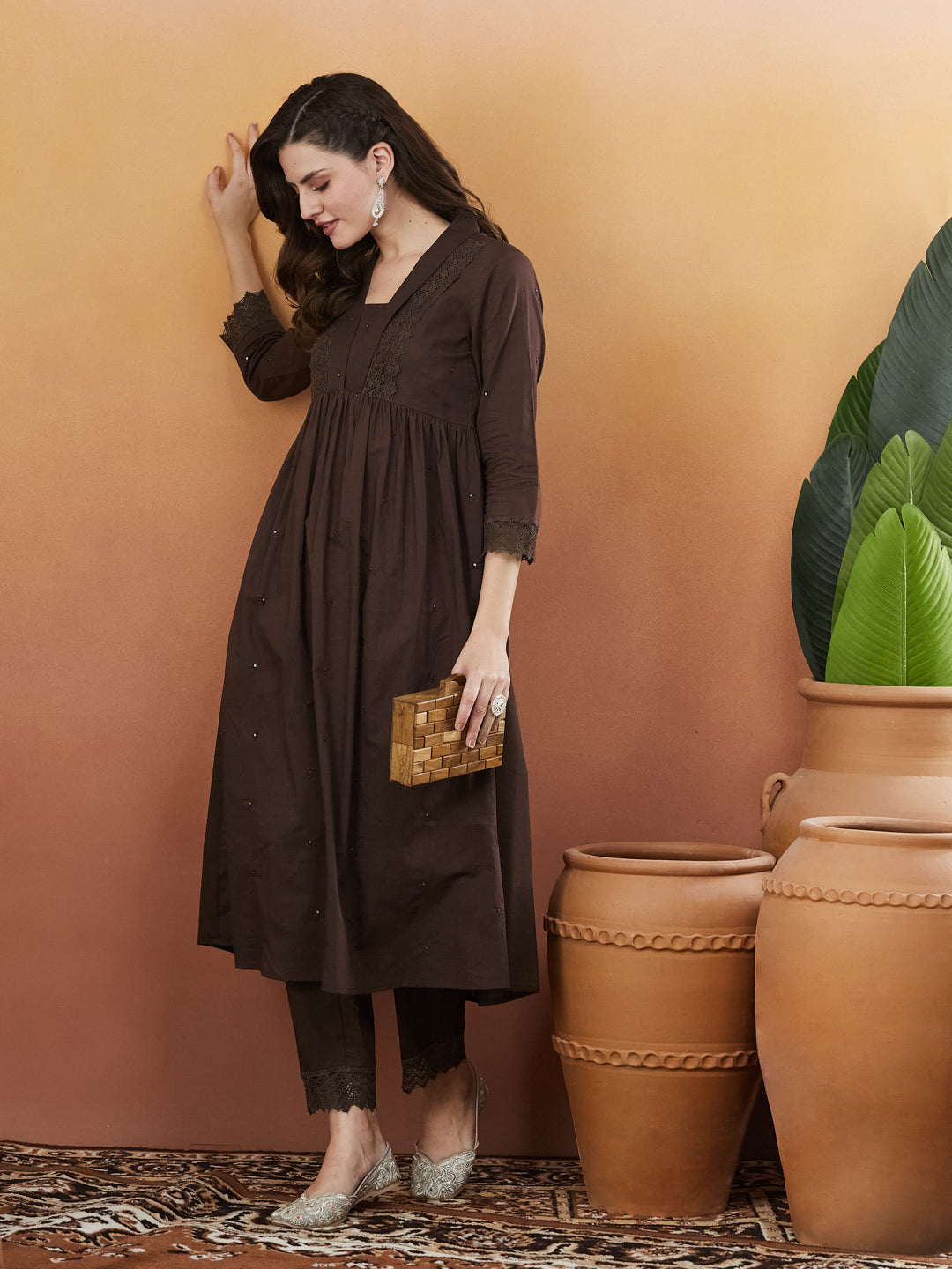 Brown Cotton Embroidered Co-ord set