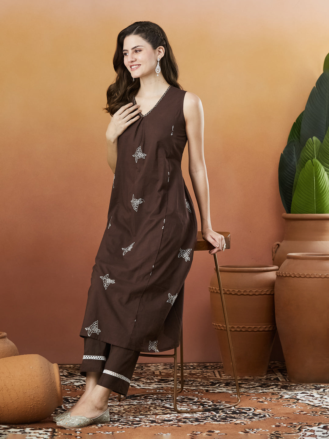 Brown Poly Cotton Embroidered Co-ord Set