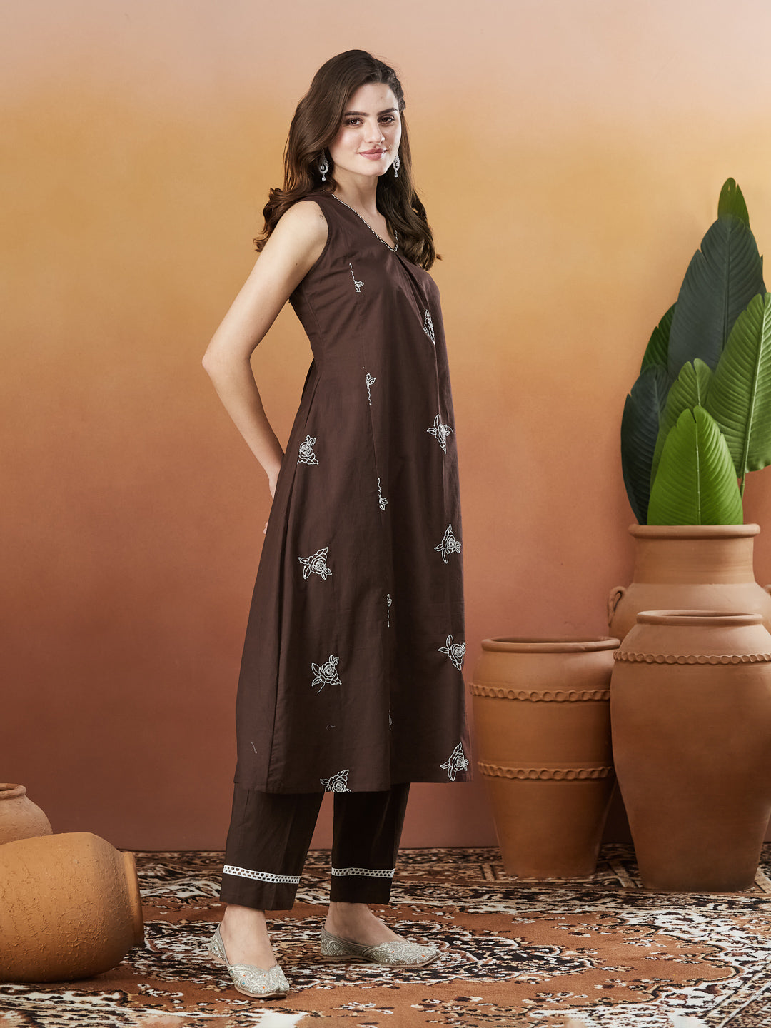 Brown Poly Cotton Embroidered Co-ord Set