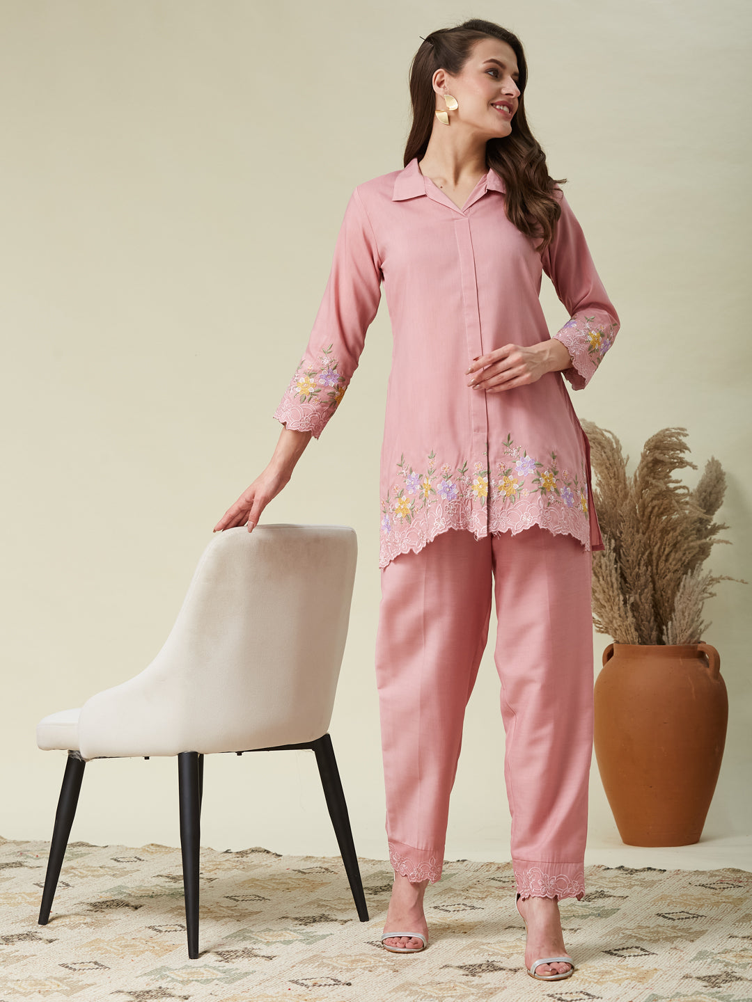 Pink Cotton Floral Embroidered Co-Ord Set