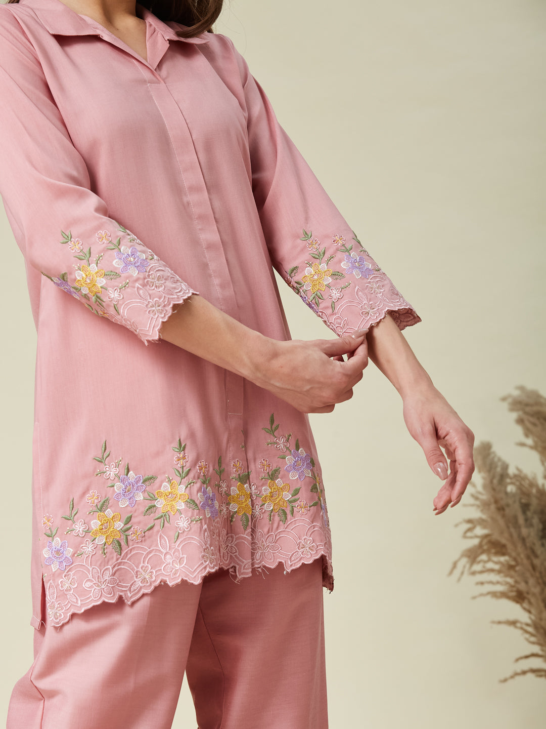 Pink Cotton Floral Embroidered Co-Ord Set