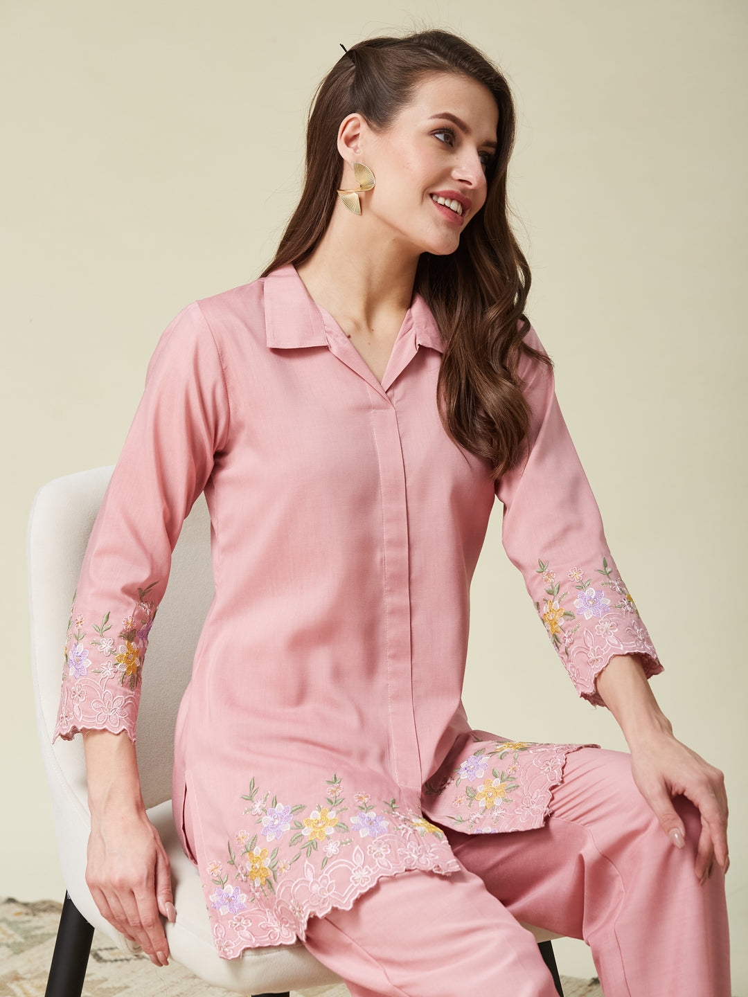 Pink Cotton Floral Embroidered Co-Ord Set
