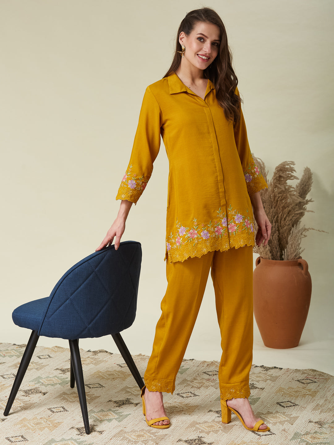 Dark Mustard Cotton Floral Embroidered Co-Ord Set