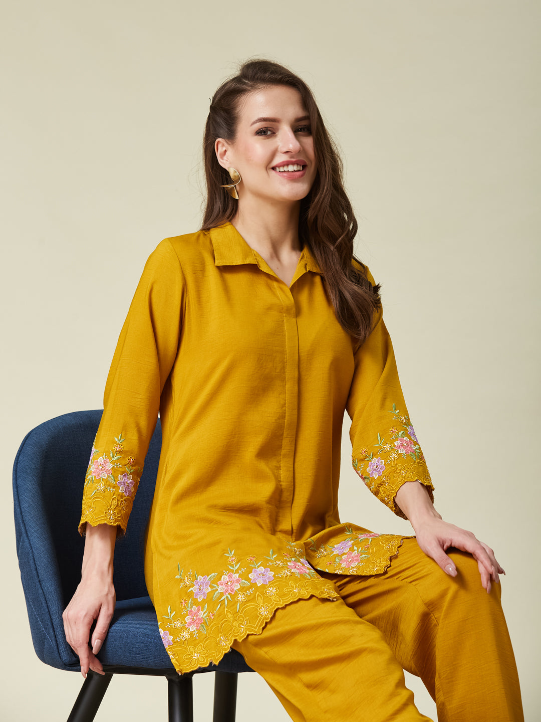 Dark Mustard Cotton Floral Embroidered Co-Ord Set