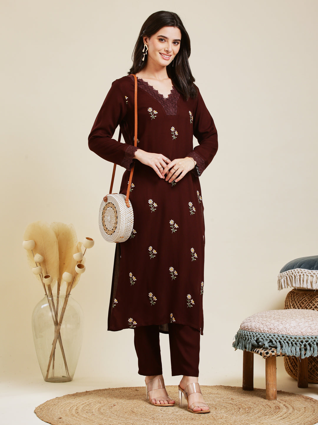 Coffee Rayon Embroidered Co-ord Set for Women