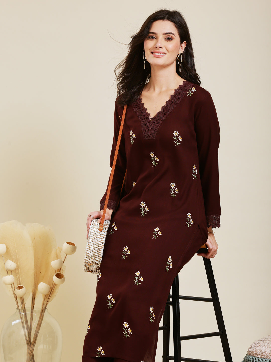 Coffee Rayon Embroidered Co-ord Set for Women