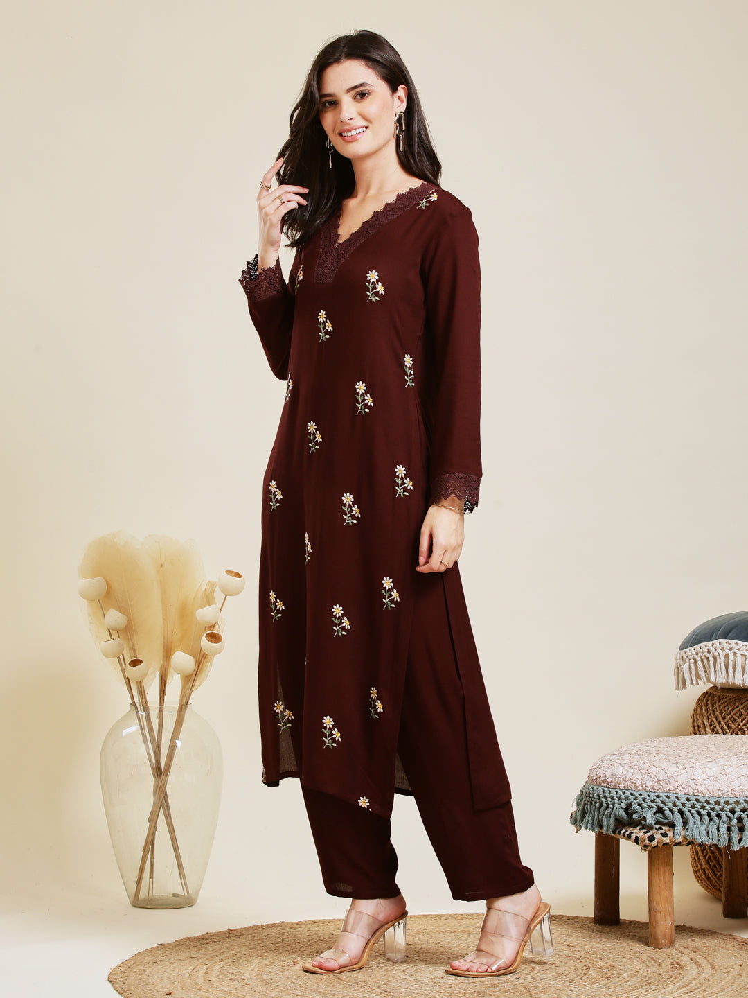 Coffee Rayon Embroidered Co-ord Set for Women