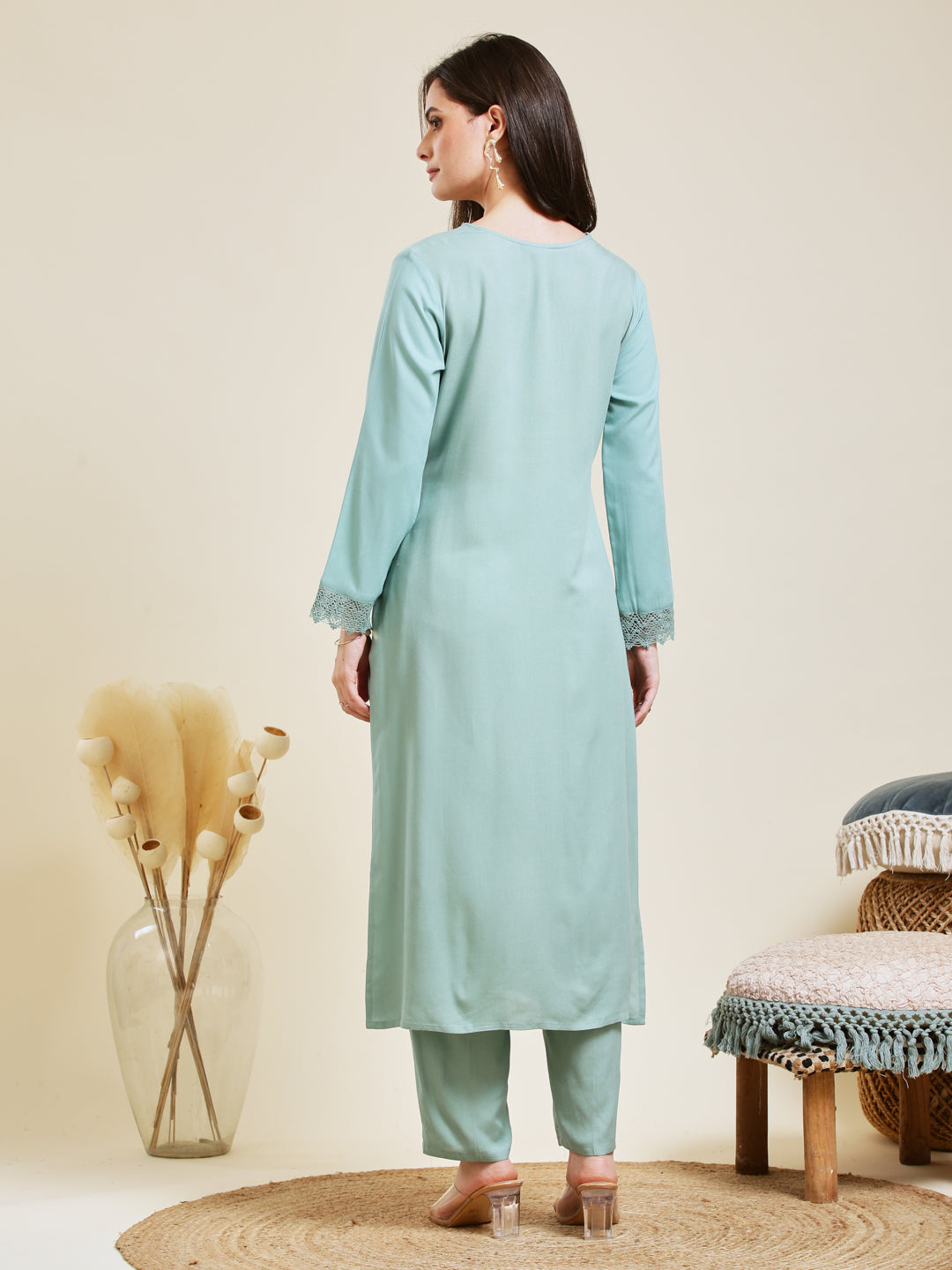 Sky Blue Rayon Embroidered Co-ord Set for Women