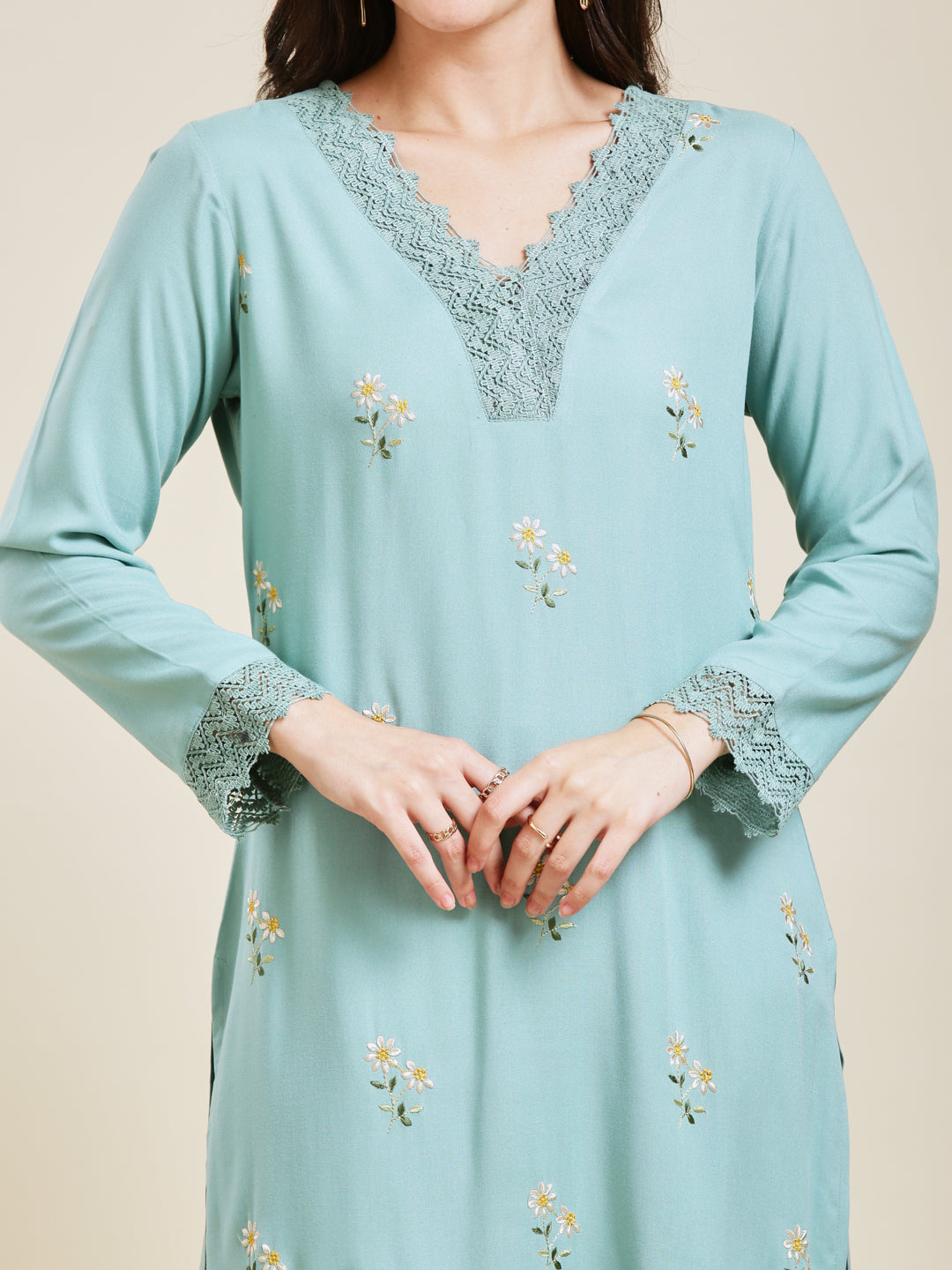 Sky Blue Rayon Embroidered Co-ord Set for Women