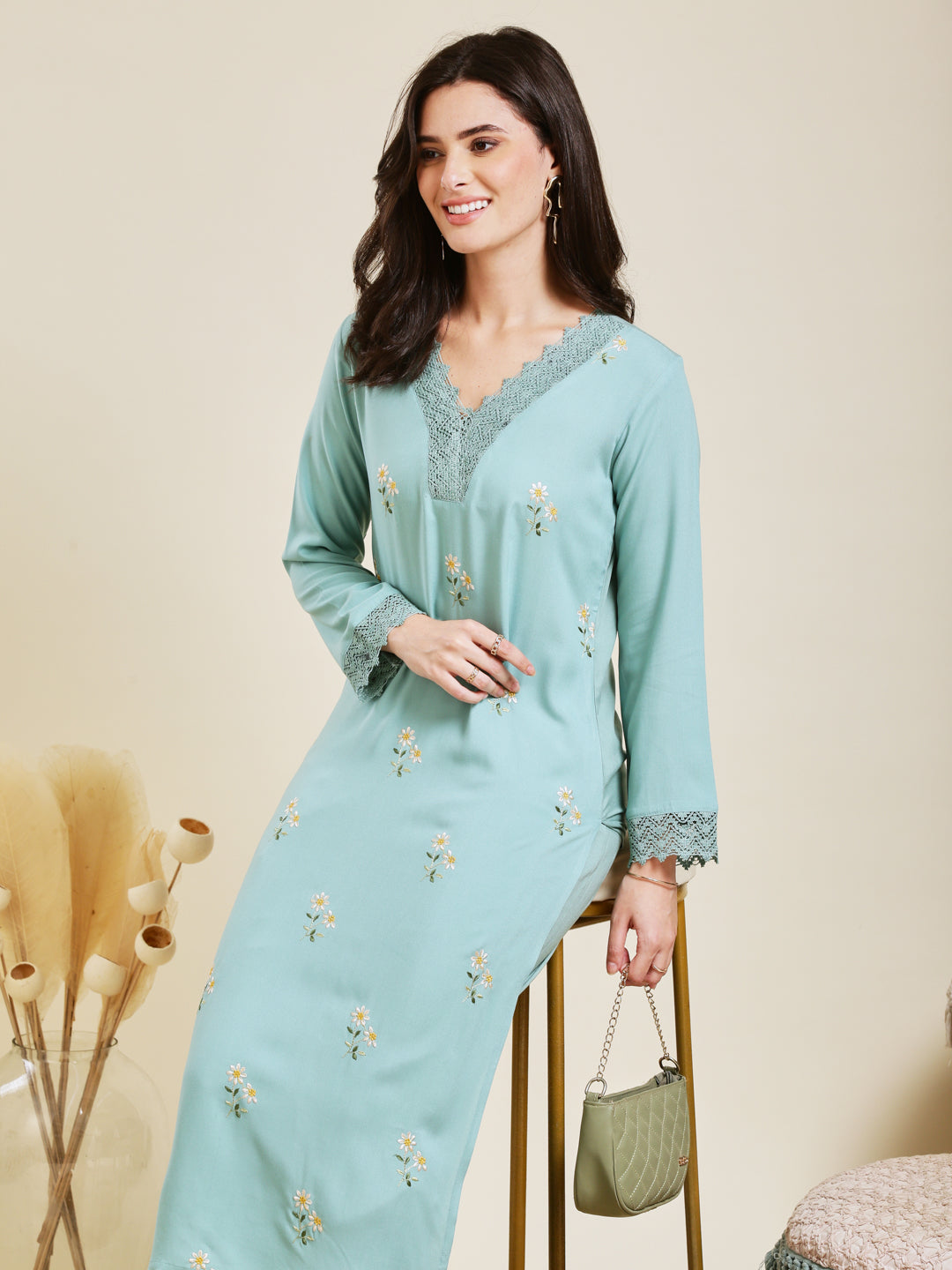 Sky Blue Rayon Embroidered Co-ord Set for Women
