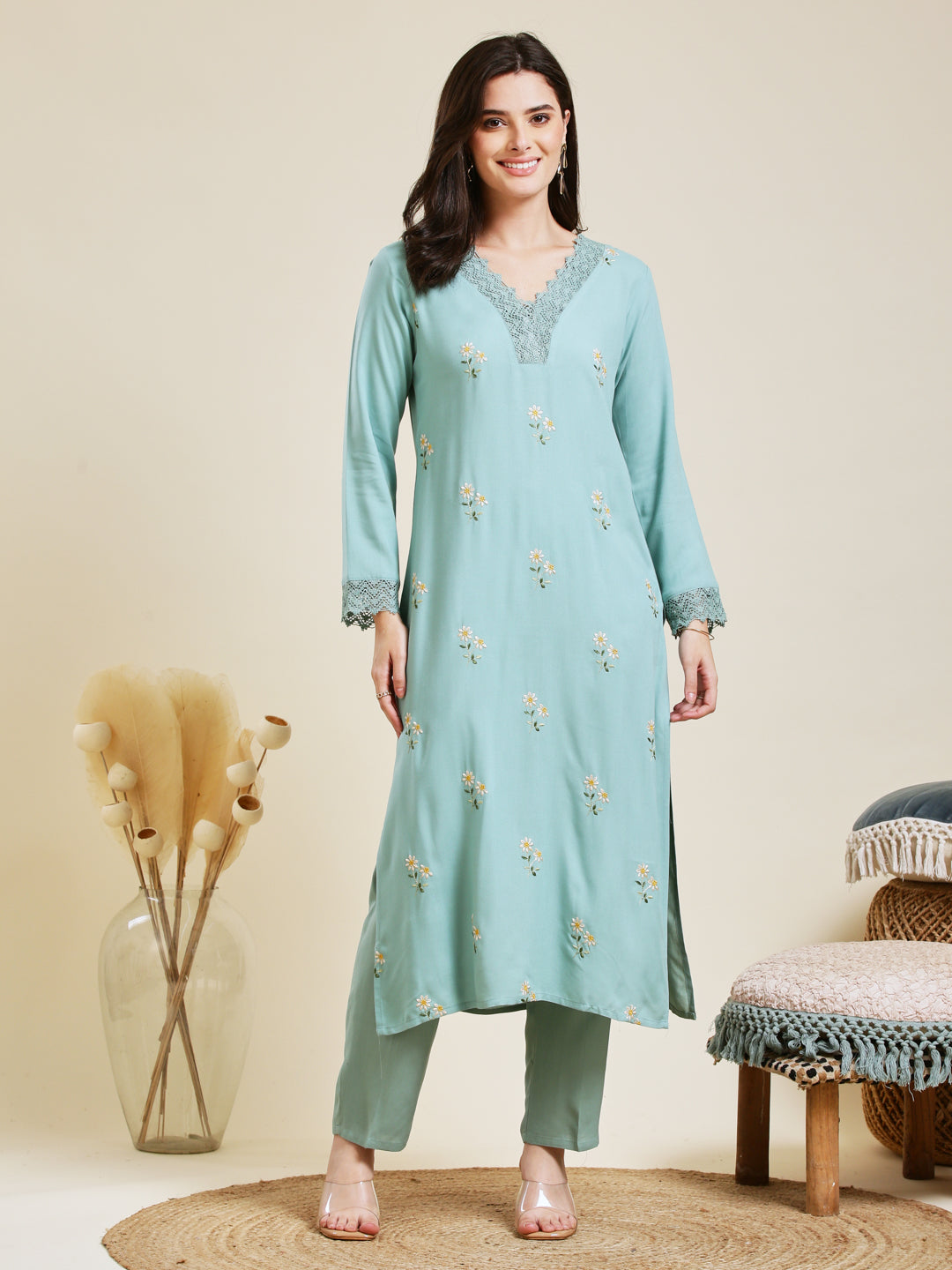 Sky Blue Rayon Embroidered Co-ord Set for Women