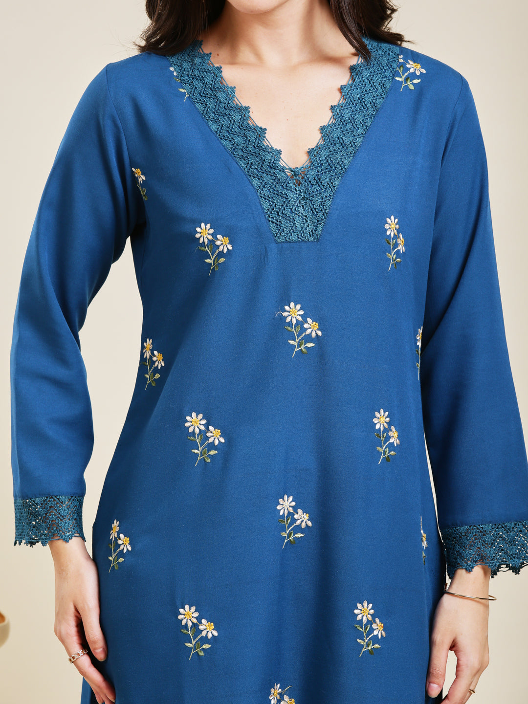 Teal Blue Rayon Embroidered Co-ord Set for Women