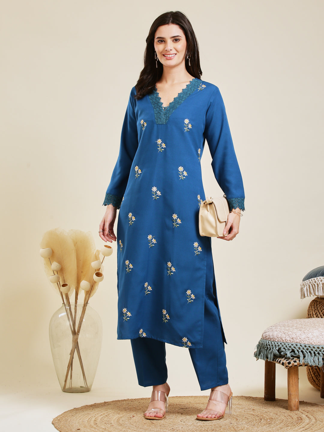 Teal Blue Rayon Embroidered Co-ord Set for Women