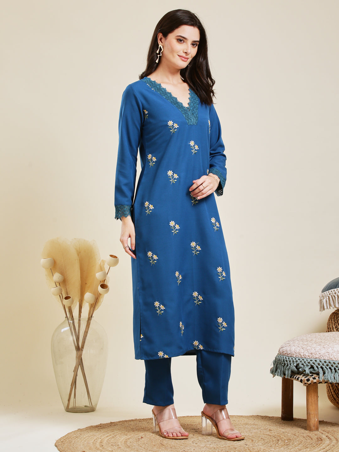 Teal Blue Rayon Embroidered Co-ord Set for Women