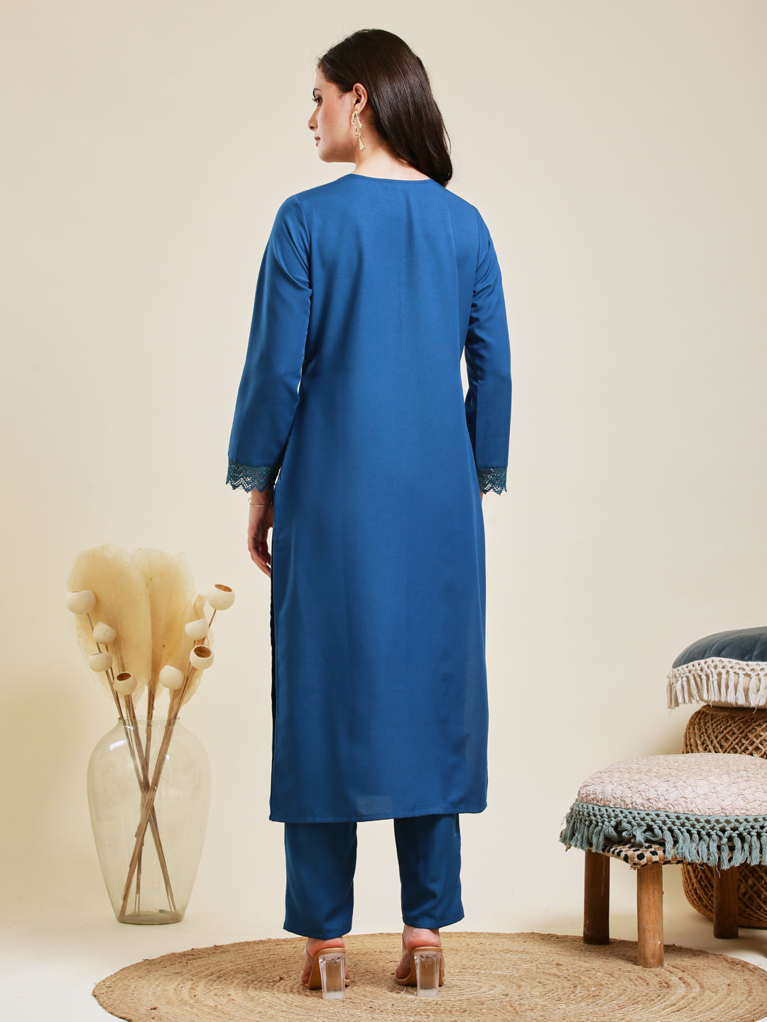 Teal Blue Rayon Embroidered Co-ord Set for Women