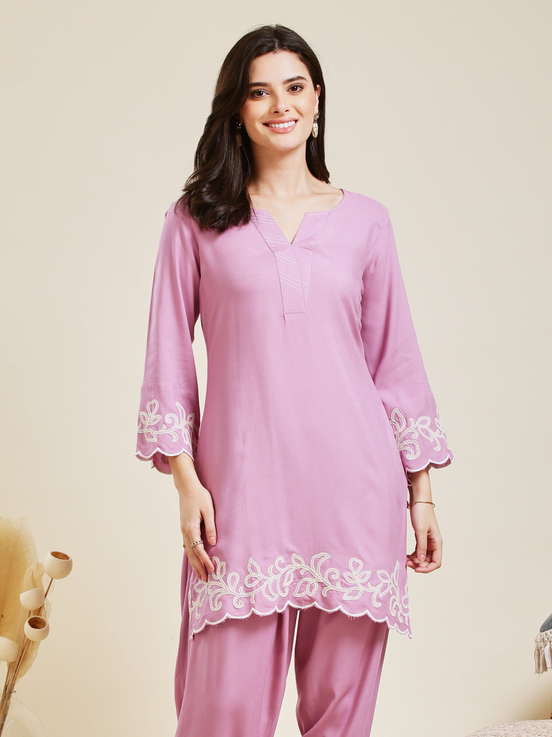 Pink Rayon Embroidered Co-ord Set for Women