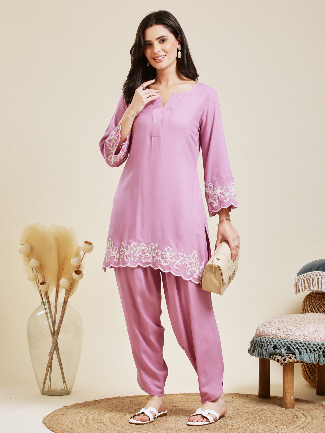 Pink Rayon Embroidered Co-ord Set for Women