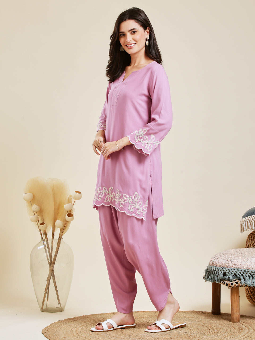 Pink Rayon Embroidered Co-ord Set for Women
