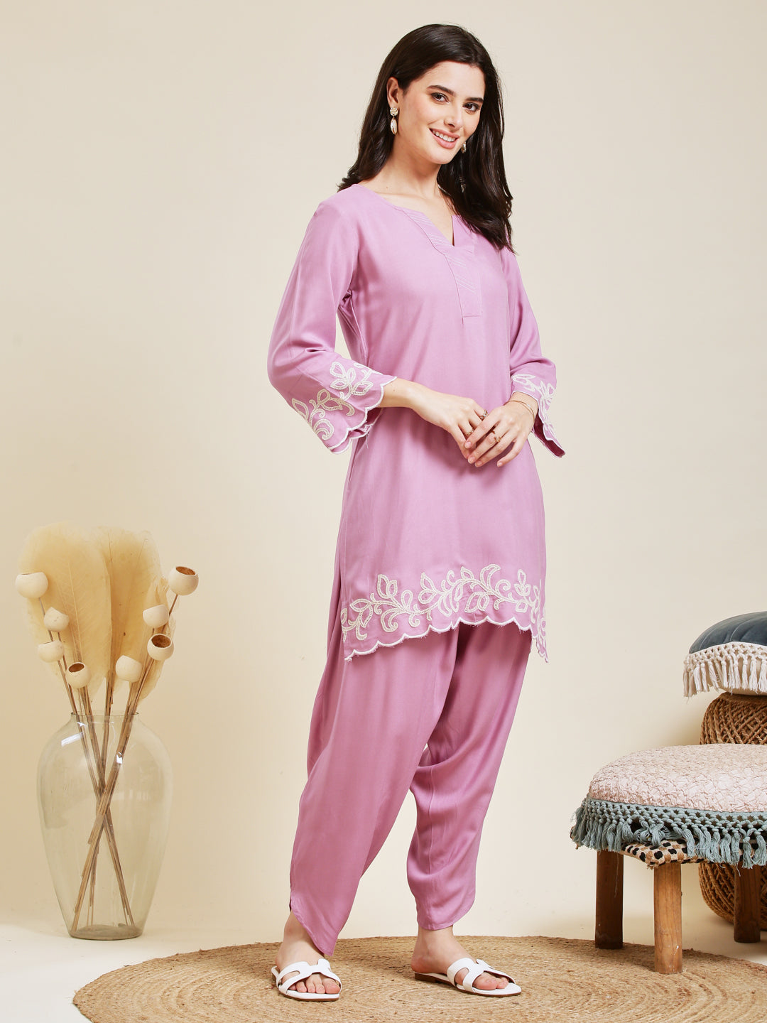 Pink Rayon Embroidered Co-ord Set for Women
