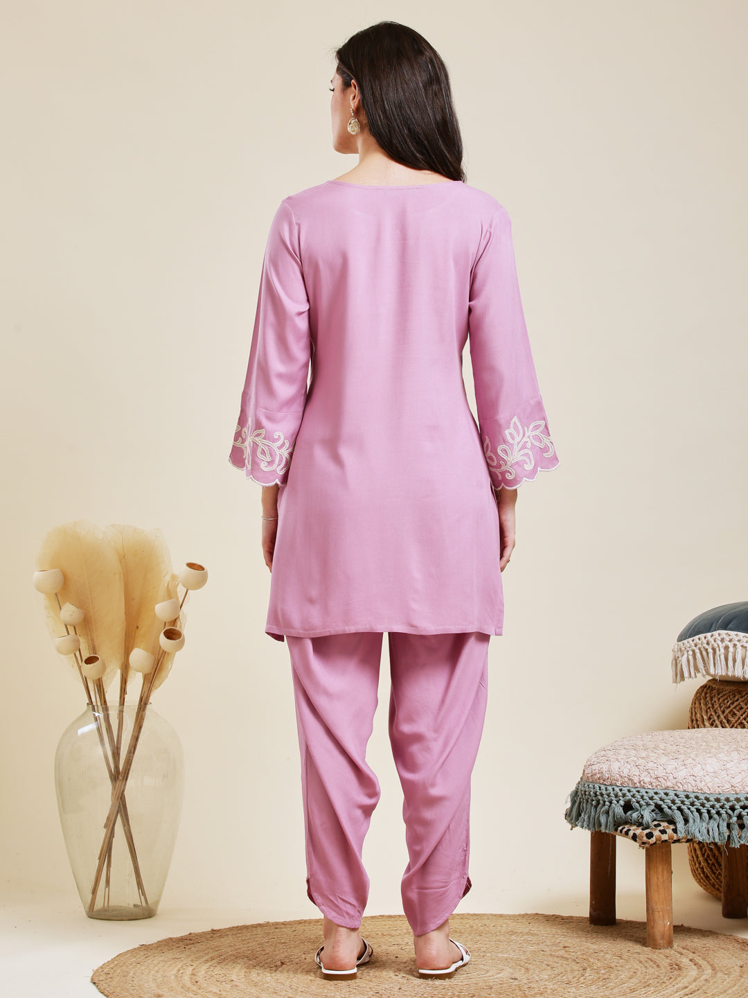 Pink Rayon Embroidered Co-ord Set for Women