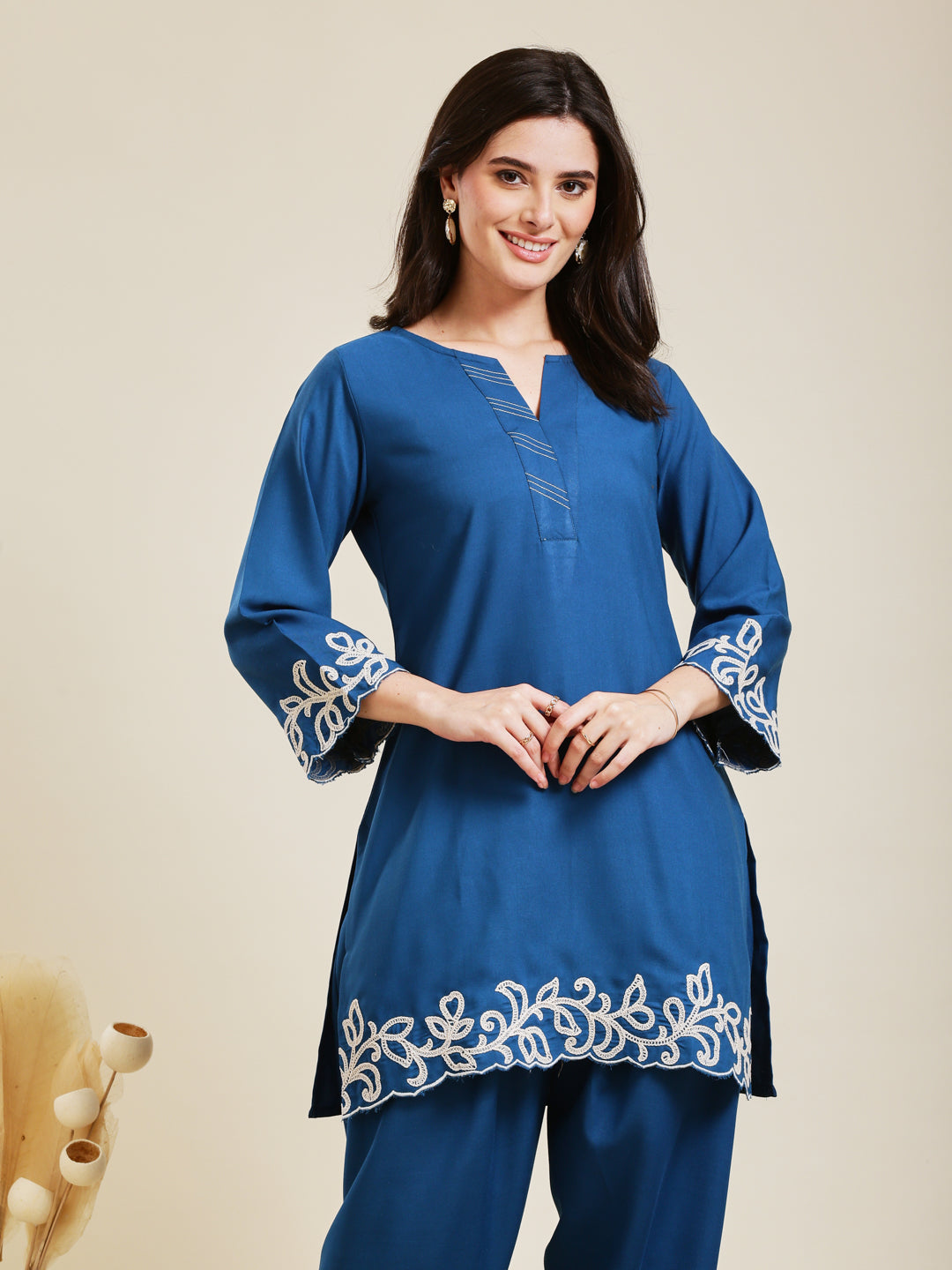 Teal Blue Rayon Embroidered Co-ord Set for Women