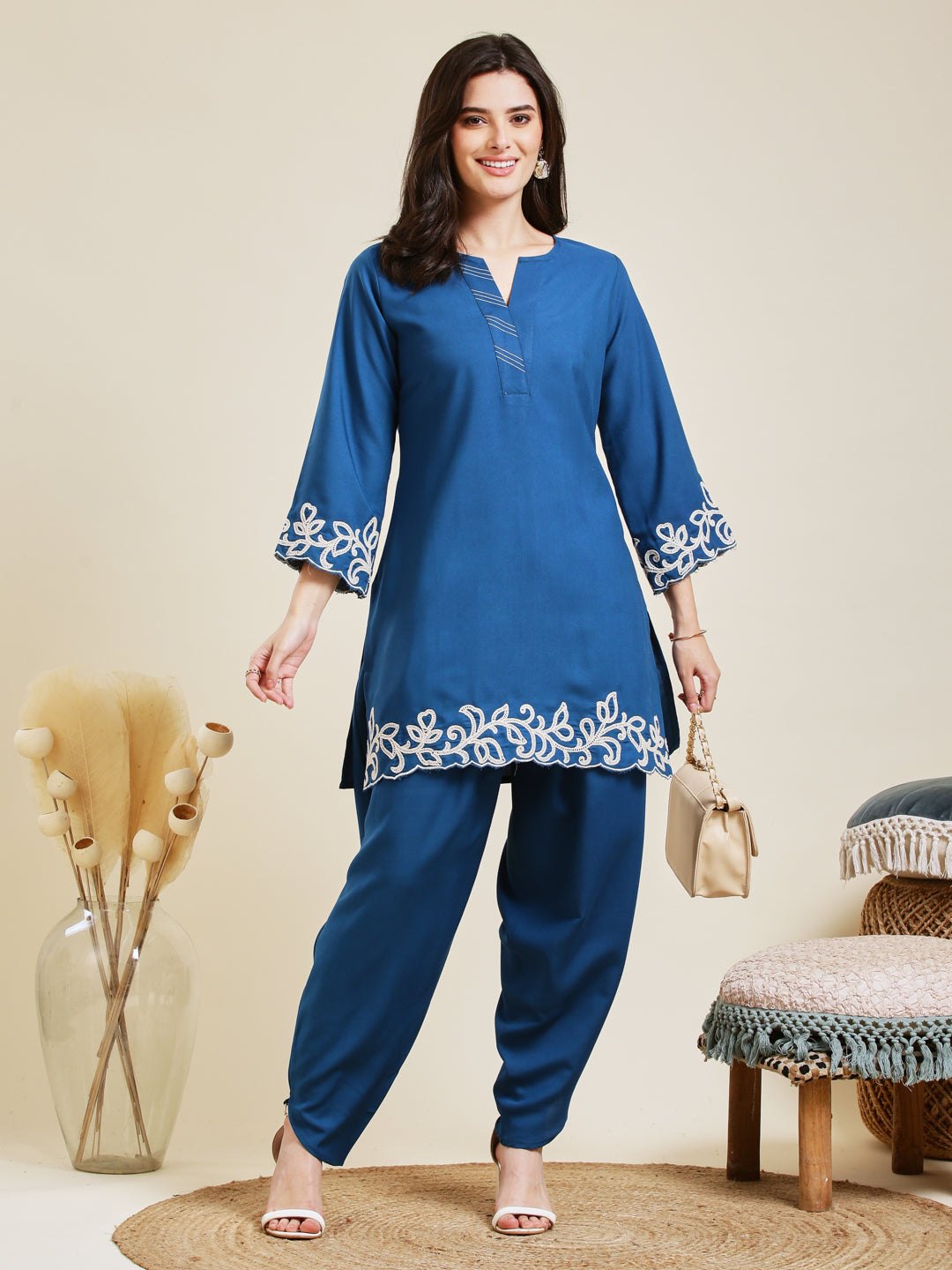Teal Blue Rayon Embroidered Co-ord Set for Women