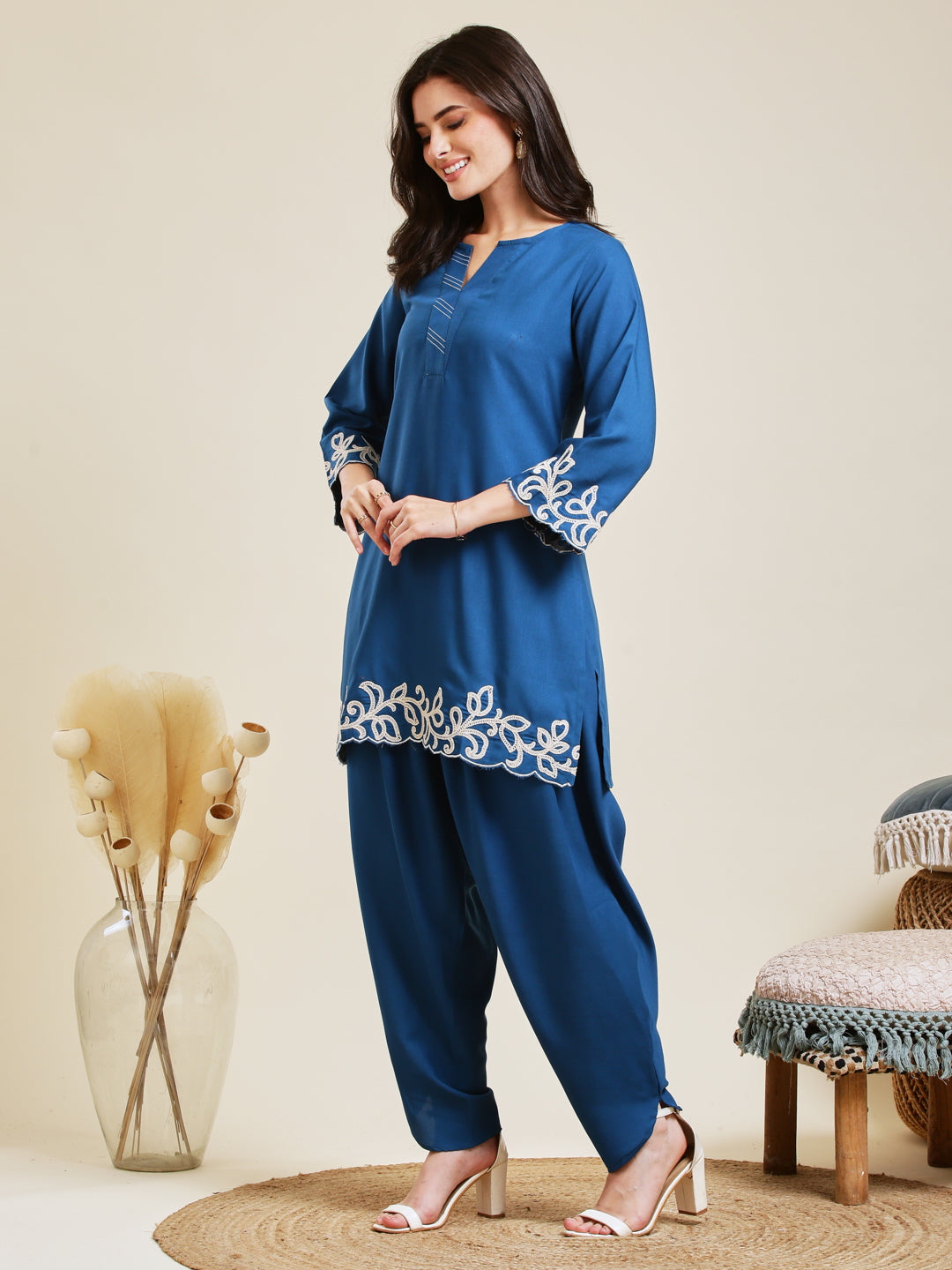 Teal Blue Rayon Embroidered Co-ord Set for Women
